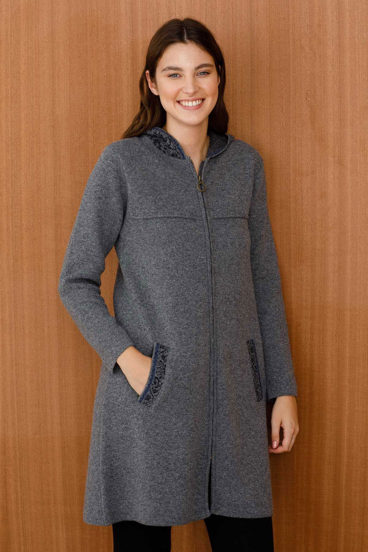 Desen Triko Kadın Kapüşonlu Yün Kaban 21156 Füme - 4