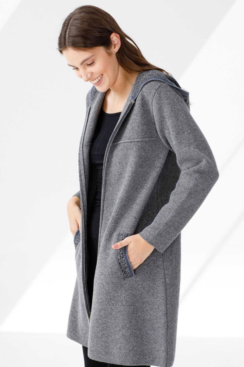 Desen Triko Kadın Kapüşonlu Yün Kaban 21156 Füme - 5