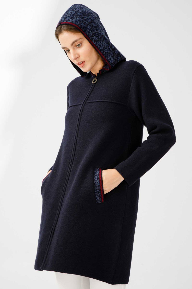 Desen Triko Kadın Kapüşonlu Yün Kaban 21156 Koyu Lacivert - 2