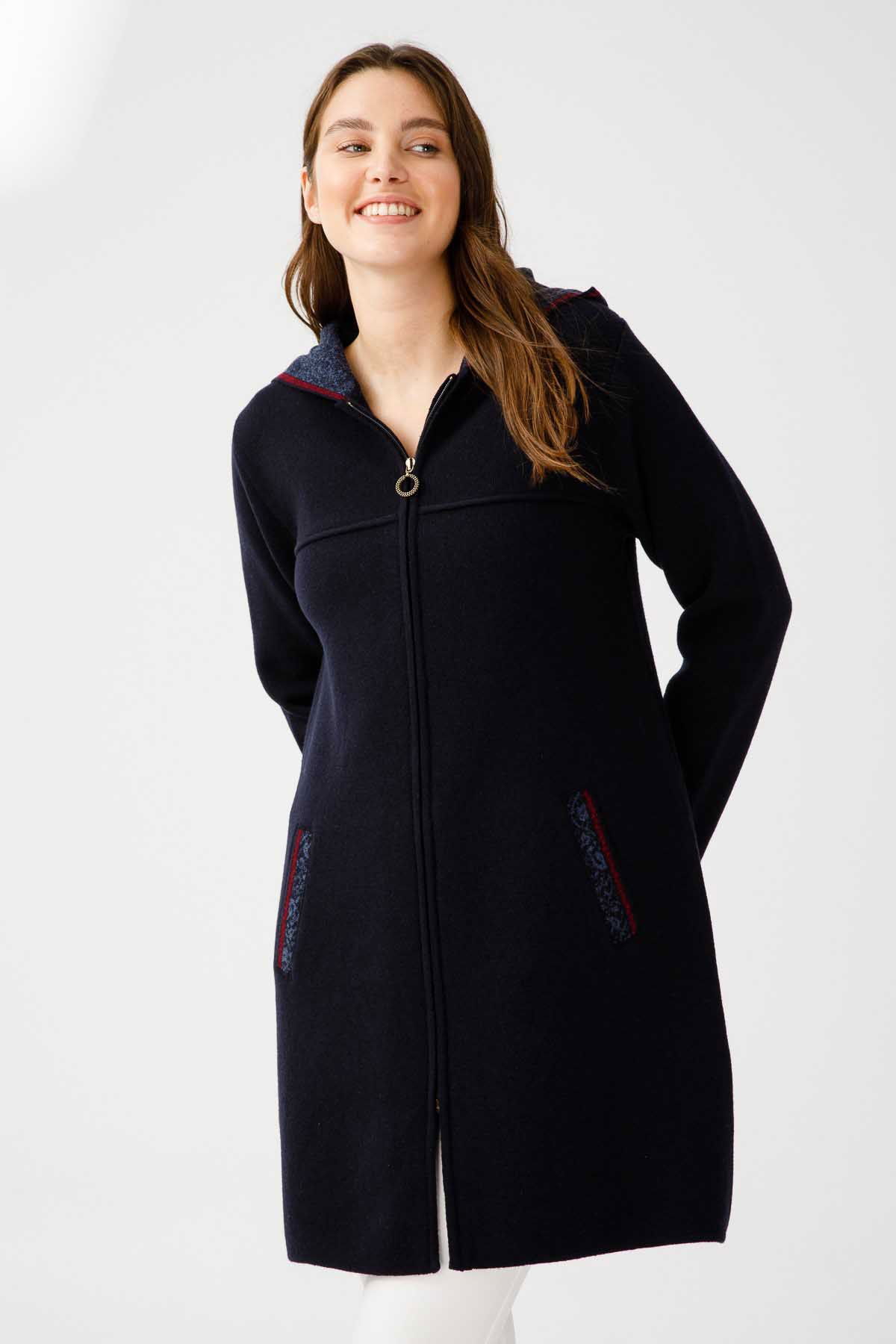 Desen Triko Kadın Kapüşonlu Yün Kaban 21156 Koyu Lacivert - 3