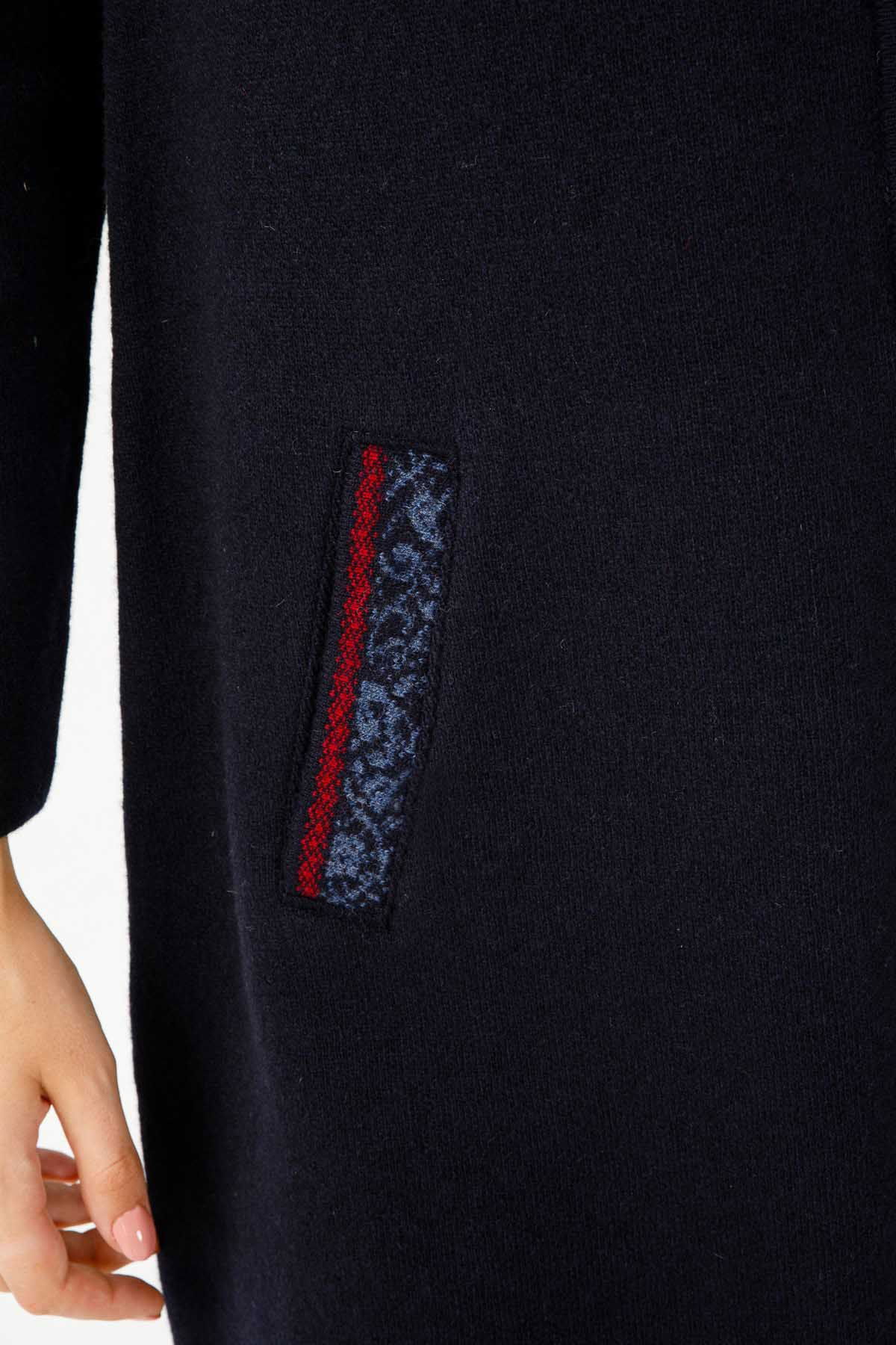 Desen Triko Kadın Kapüşonlu Yün Kaban 21156 Koyu Lacivert - 4