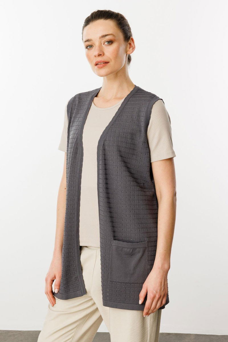 Desen Triko Kadın Kare Örgülü Uzun Triko Yelek 25354 Antrasit - Desen Triko