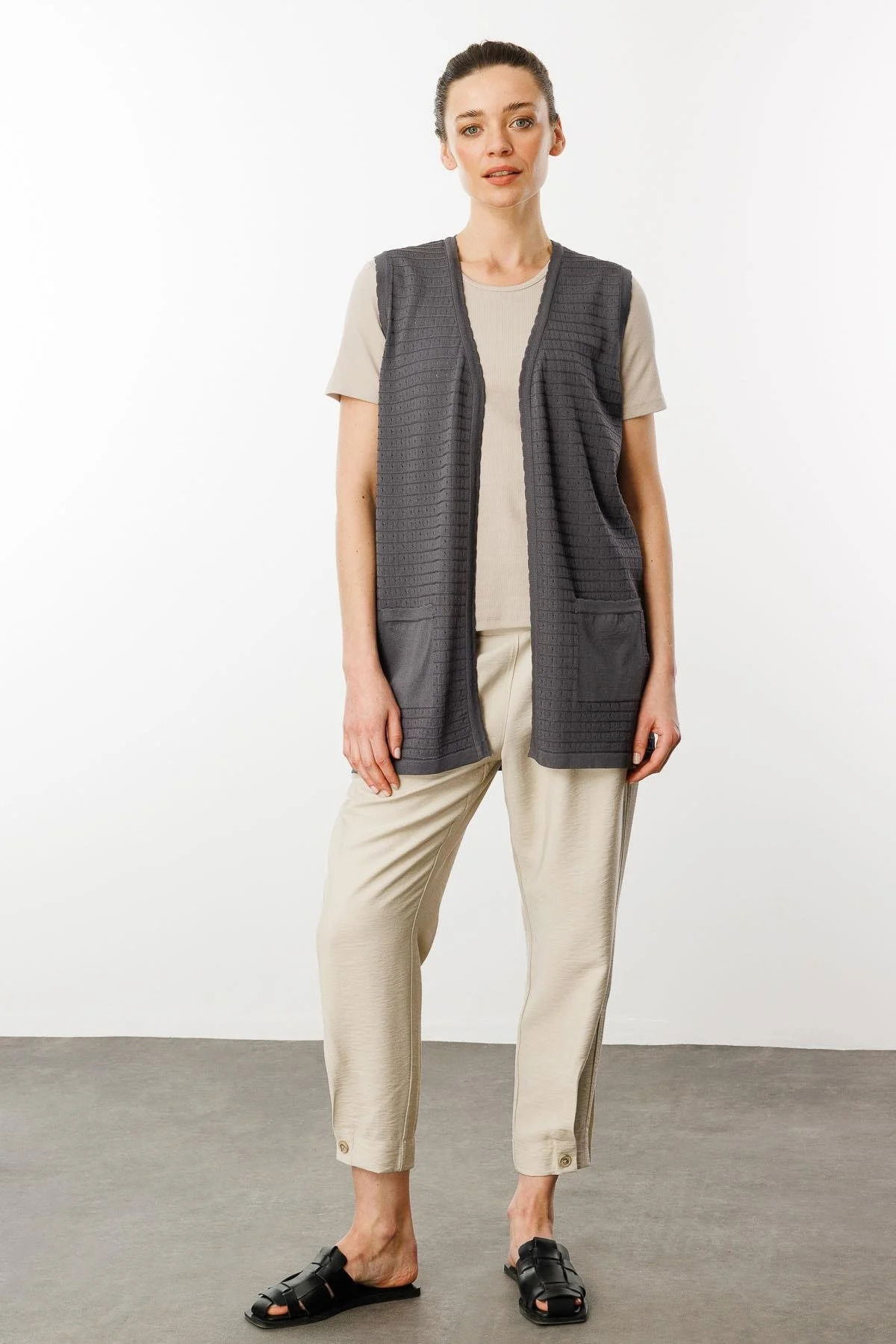 Desen Triko Kadın Kare Örgülü Uzun Triko Yelek 25354 Antrasit - 2