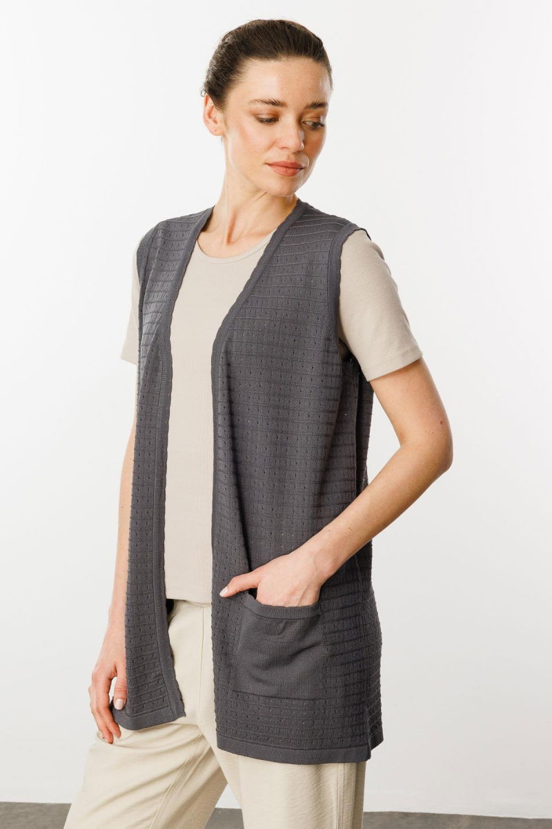 Desen Triko Kadın Kare Örgülü Uzun Triko Yelek 25354 Antrasit - 3