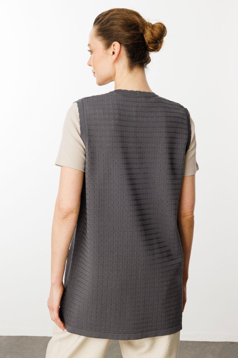 Desen Triko Kadın Kare Örgülü Uzun Triko Yelek 25354 Antrasit - 4