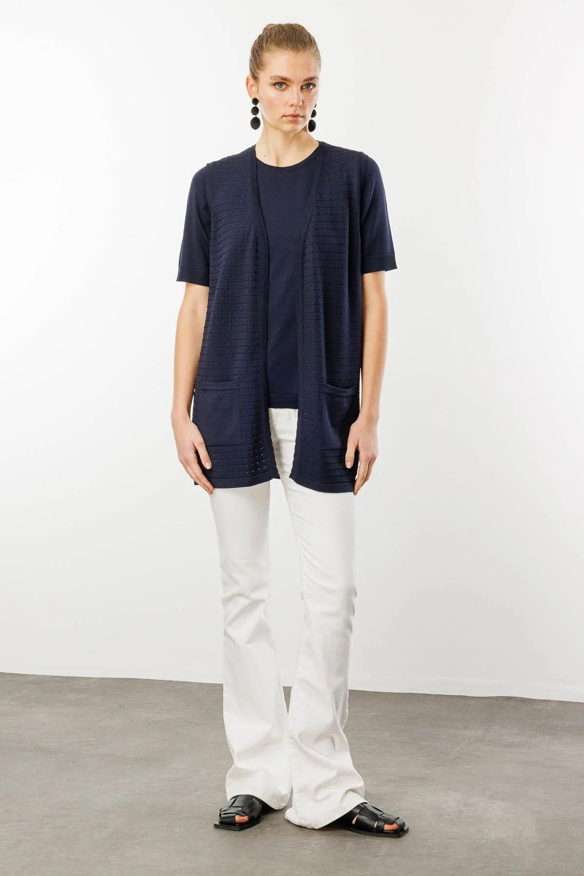 Desen Triko Kadın Kare Örgülü Uzun Triko Yelek 25354 Lacivert - 2