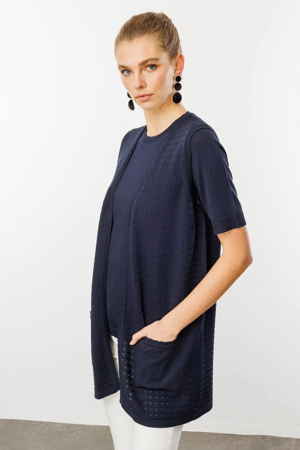 Desen Triko Kadın Kare Örgülü Uzun Triko Yelek 25354 Lacivert - 3