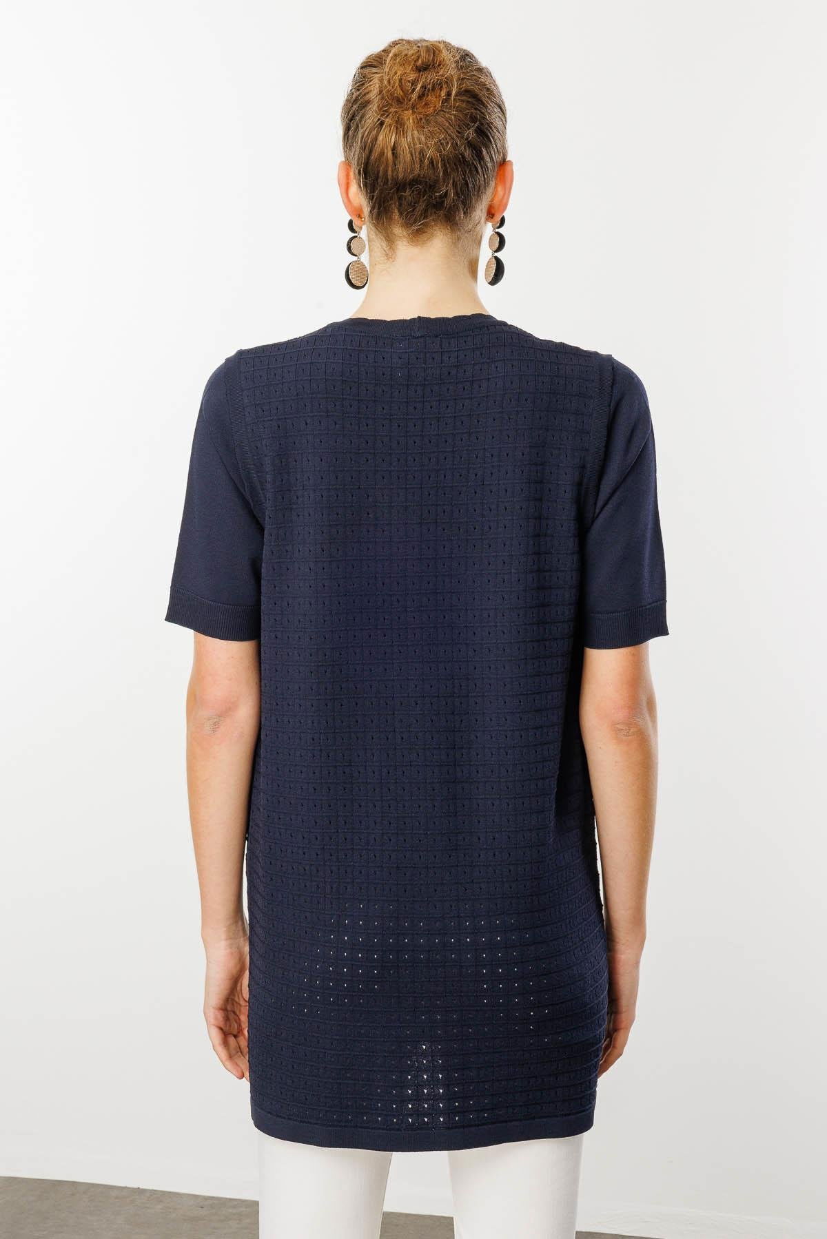 Desen Triko Kadın Kare Örgülü Uzun Triko Yelek 25354 Lacivert - 4