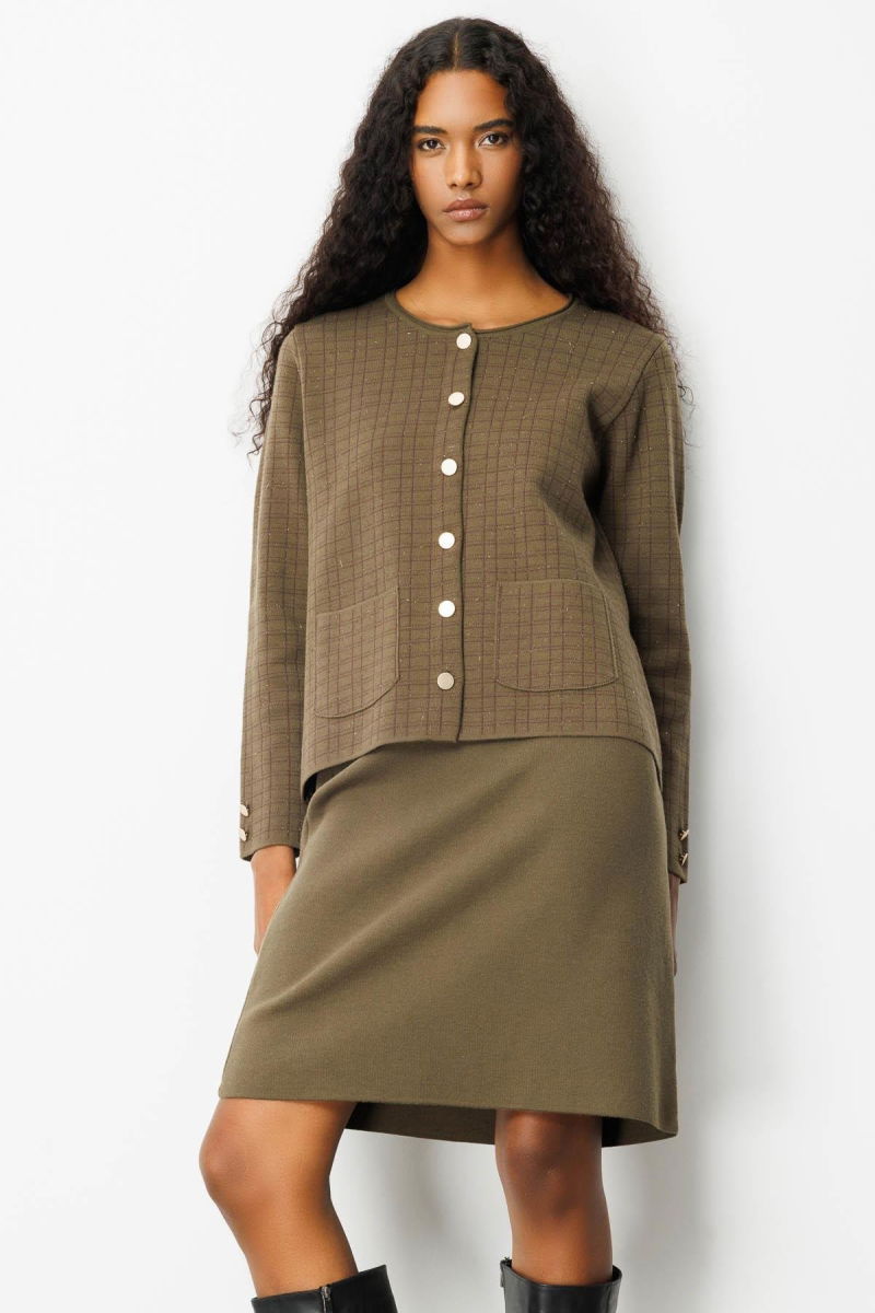 Desen Triko Kadın Kareli Simli Ceket 25065 Haki - Desen Triko