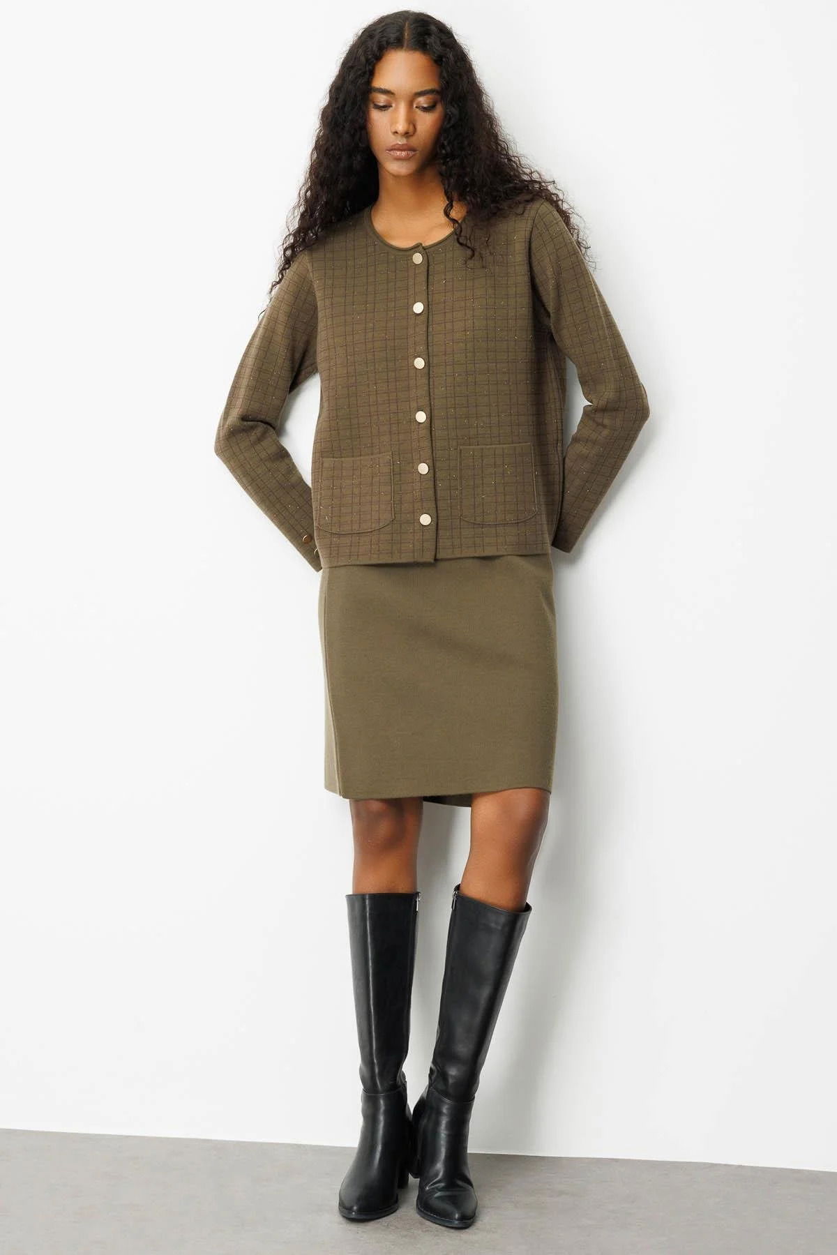 Desen Triko Kadın Kareli Simli Ceket 25065 Haki - 2