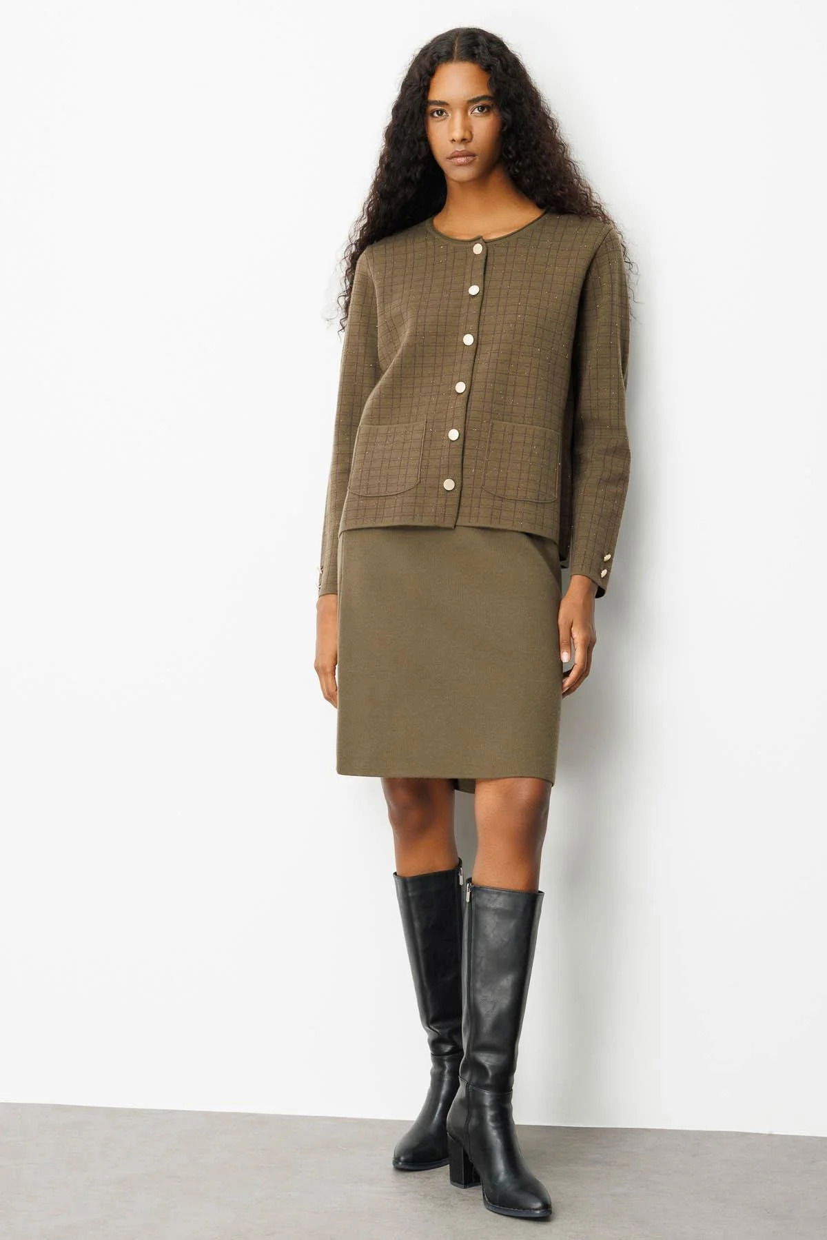 Desen Triko Kadın Kareli Simli Ceket 25065 Haki - 3