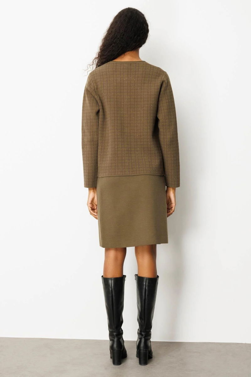 Desen Triko Kadın Kareli Simli Ceket 25065 Haki - 4