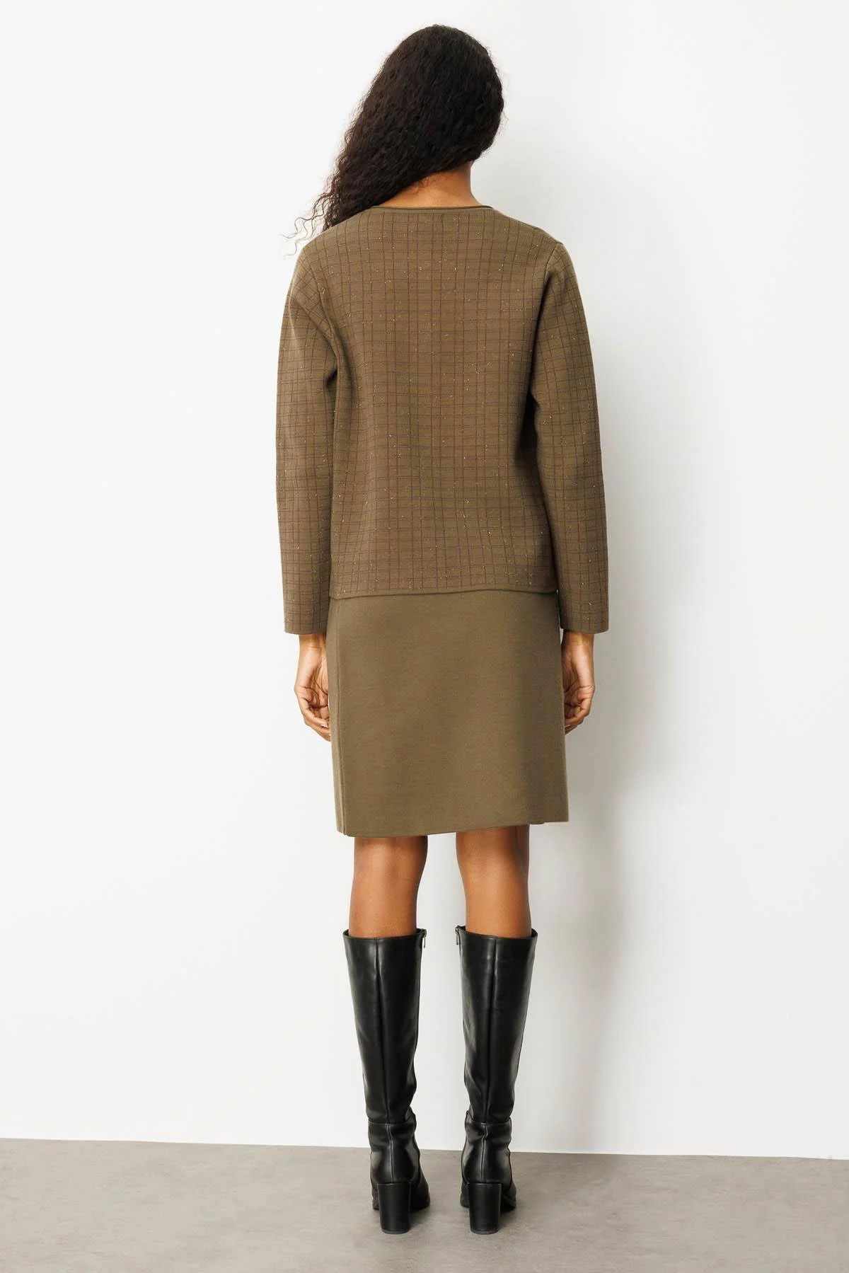 Desen Triko Kadın Kareli Simli Ceket 25065 Haki - 4