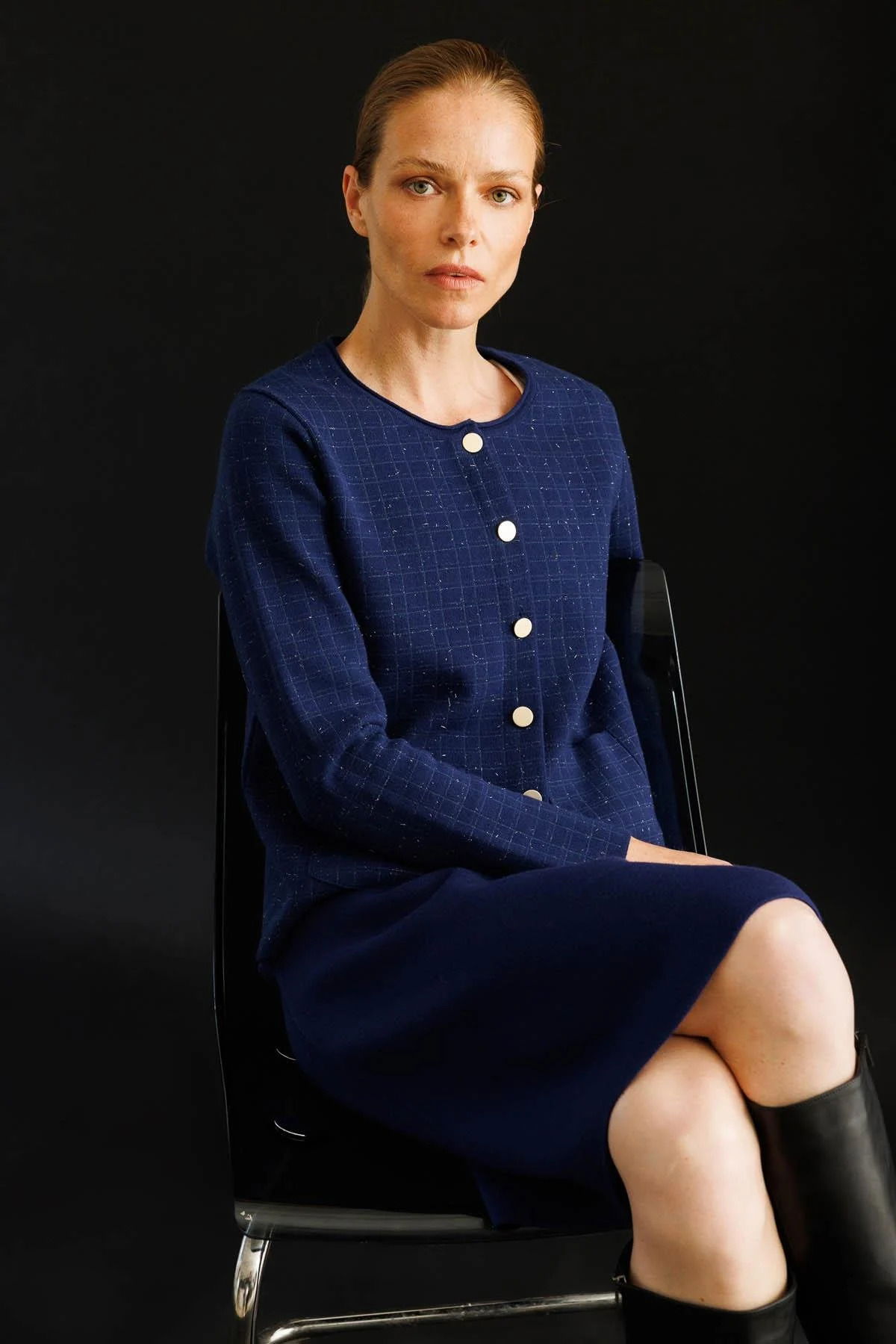 Desen Triko Kadın Kareli Simli Ceket 25065 Lacivert - 1