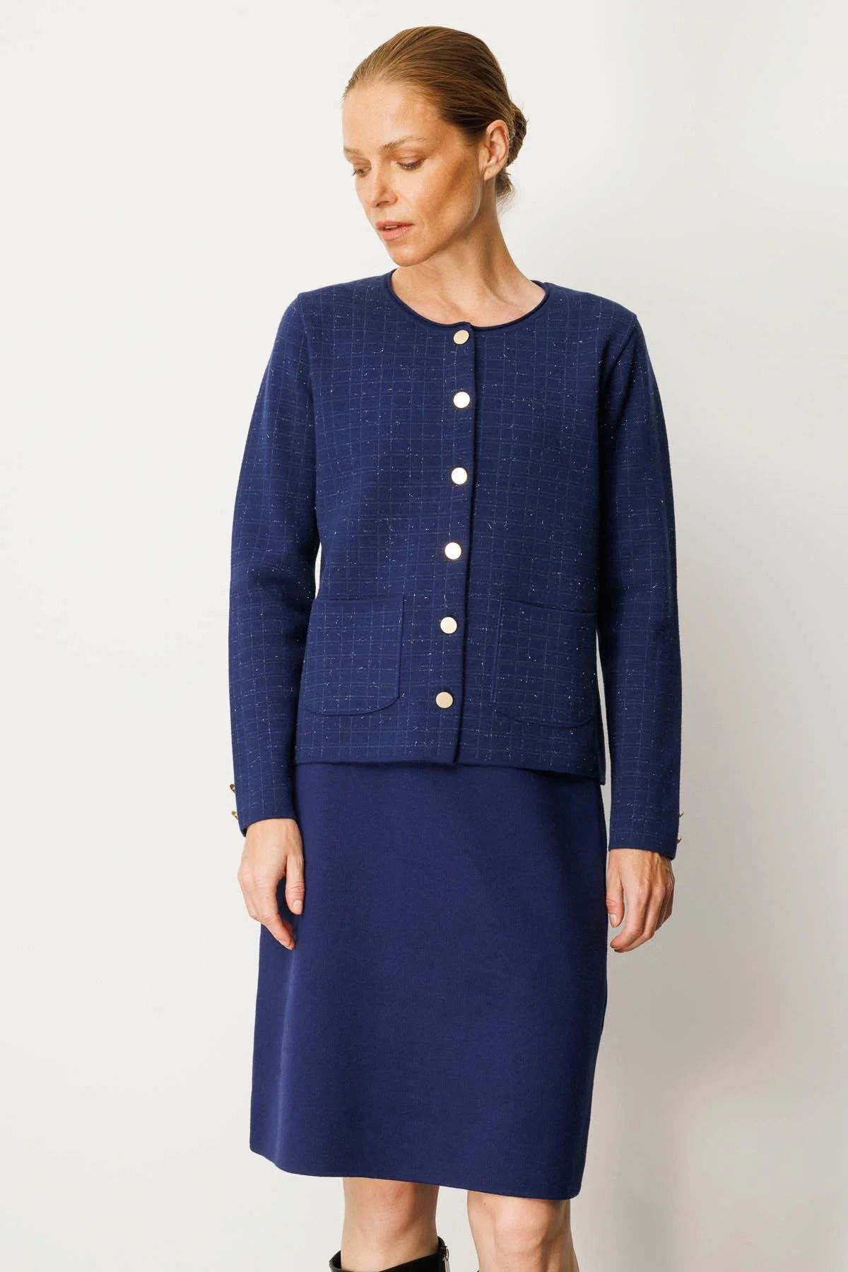 Desen Triko Kadın Kareli Simli Ceket 25065 Lacivert - 2
