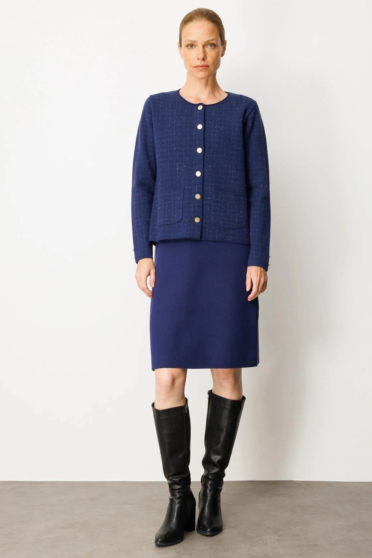 Desen Triko Kadın Kareli Simli Ceket 25065 Lacivert - 3