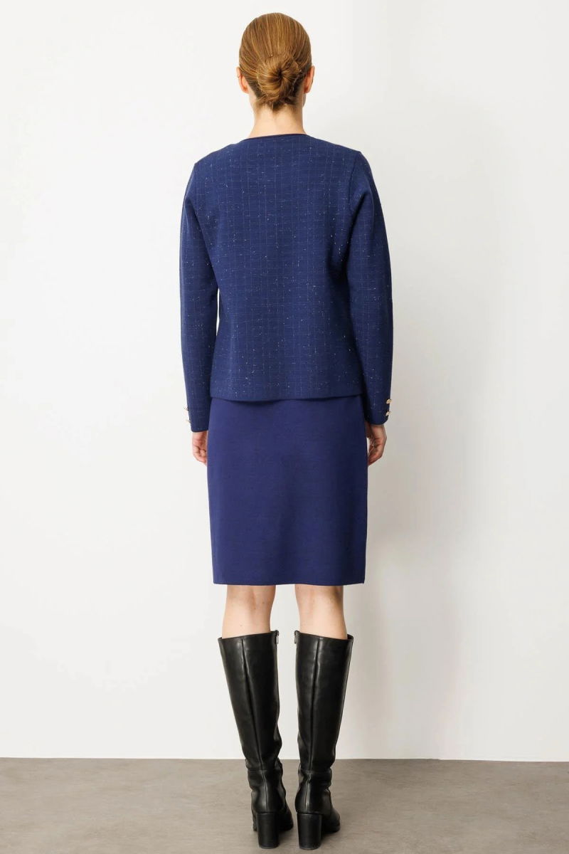 Desen Triko Kadın Kareli Simli Ceket 25065 Lacivert - 4