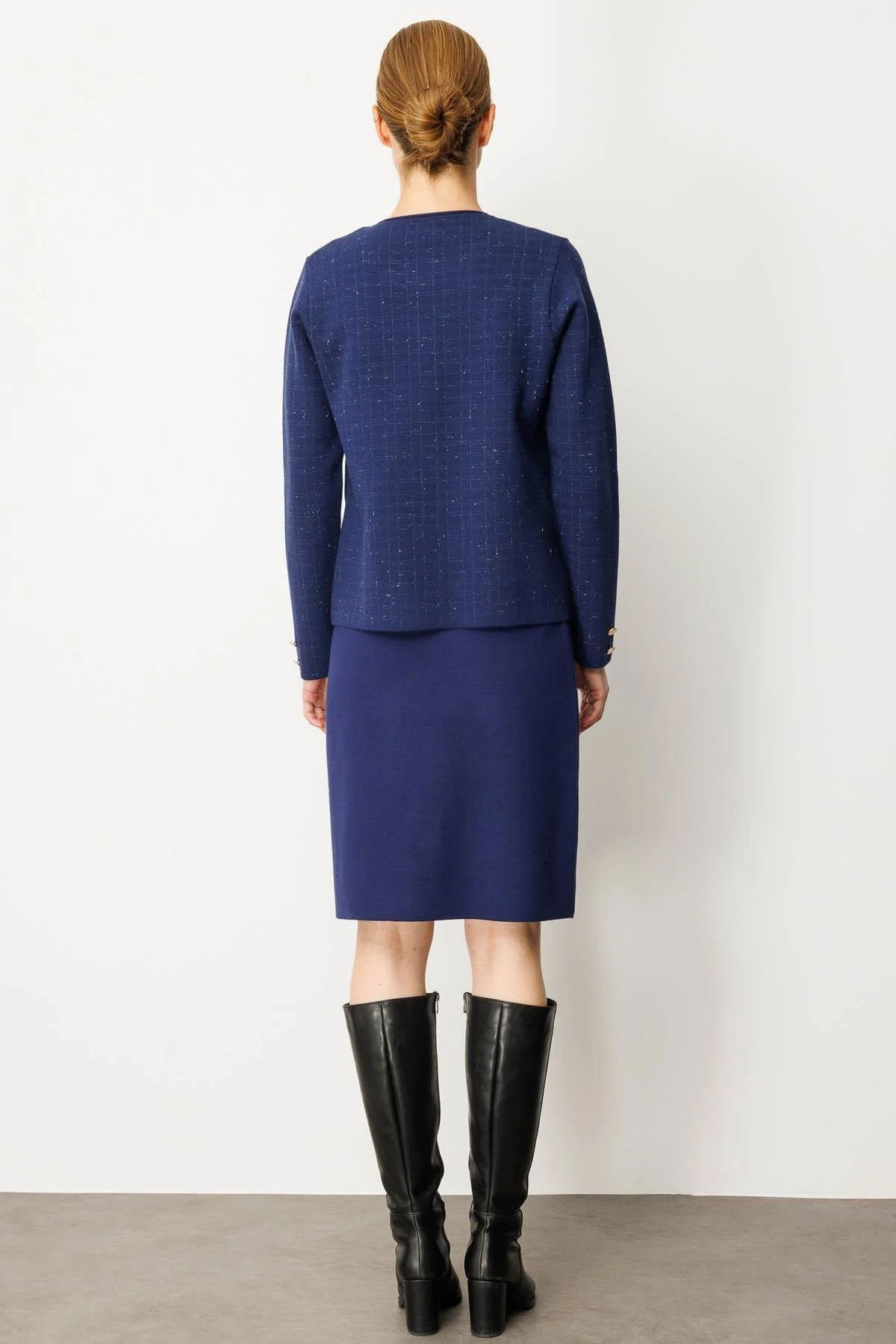 Desen Triko Kadın Kareli Simli Ceket 25065 Lacivert - 4