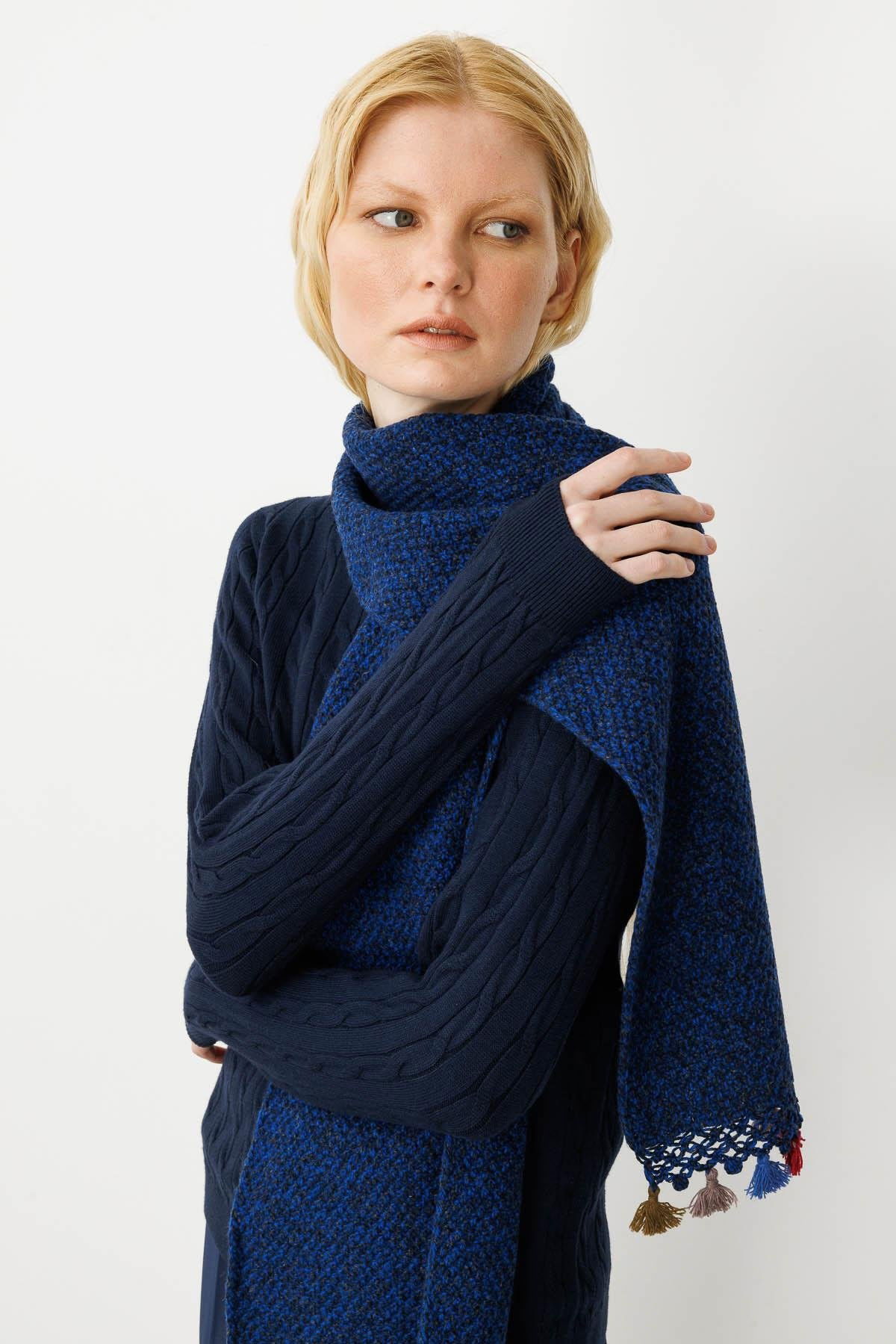 Desen Triko Kadın Kenarı Tığlamalı Püsküllü Yün Kaşkol 22033 Parlement - 1