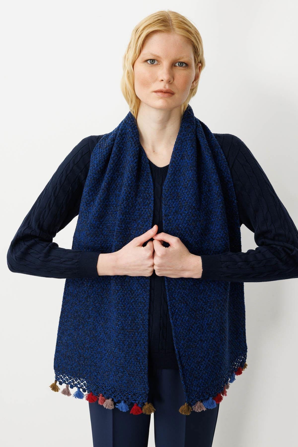 Desen Triko Kadın Kenarı Tığlamalı Püsküllü Yün Kaşkol 22033 Parlement - 2