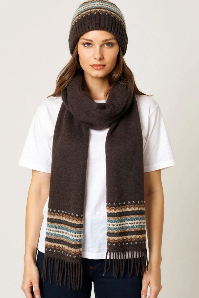 Desen Triko Kadın Kenarları Jakarlı Püsküllü Yün Kaşkol 25075 Kahverengi - Desen Triko