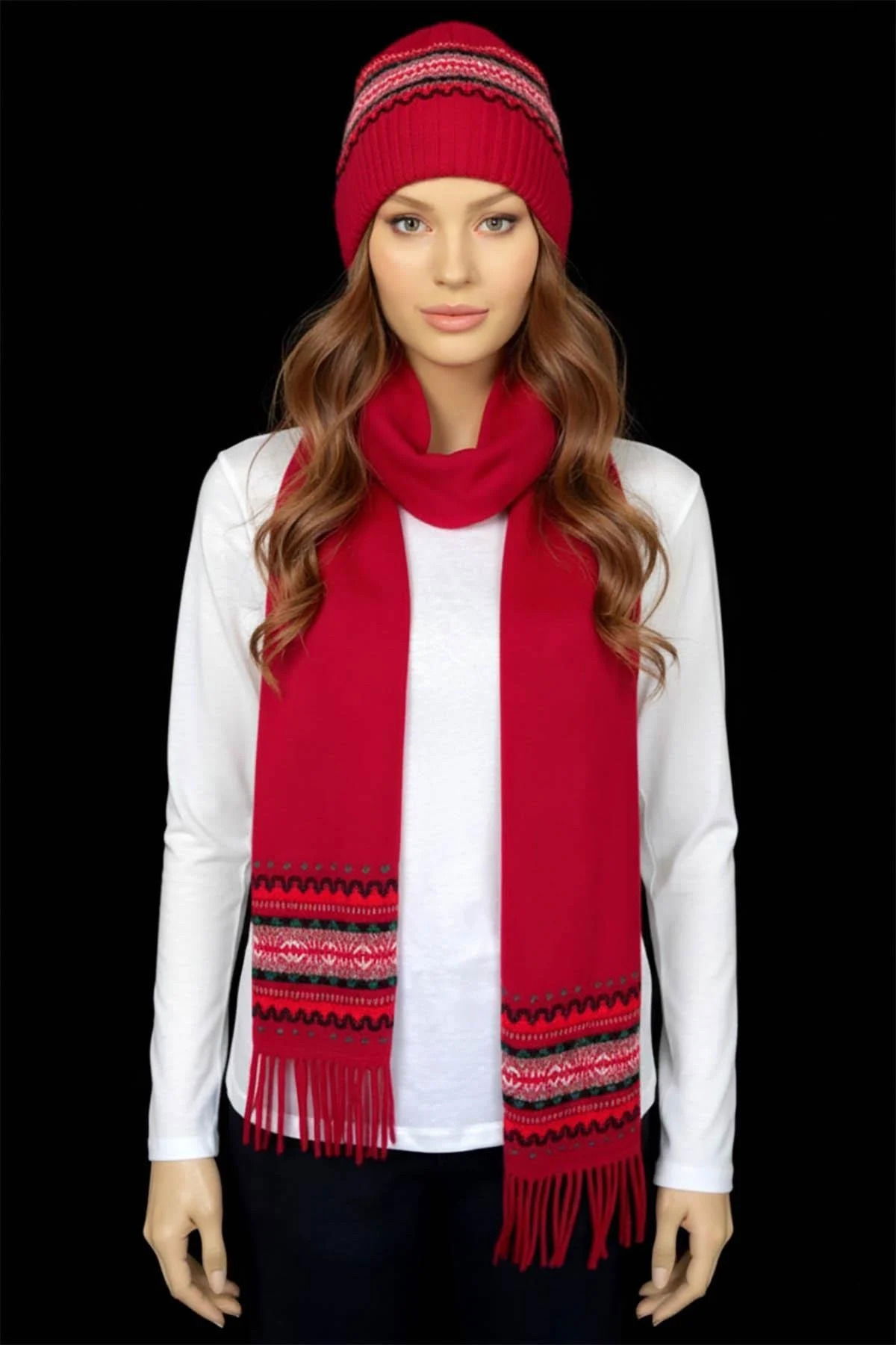 Desen Triko Kadın Kenarları Jakarlı Püsküllü Yün Kaşkol 25075 K.Kırmızı - 1