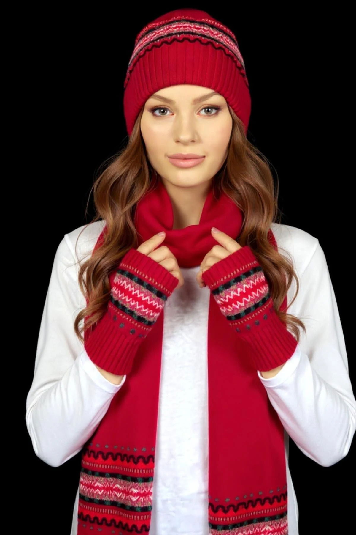 Desen Triko Kadın Kenarları Jakarlı Püsküllü Yün Kaşkol 25075 K.Kırmızı - 2