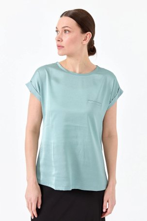 Desen Triko Kadın Kısa Kol Önü Saten Bluz 22707 S.Yeşili - 1