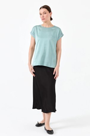 Desen Triko Kadın Kısa Kol Önü Saten Bluz 22707 S.Yeşili - 2