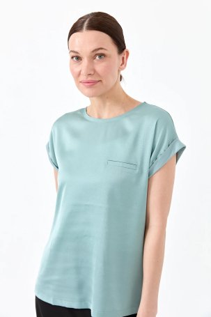 Desen Triko Kadın Kısa Kol Önü Saten Bluz 22707 S.Yeşili - 3