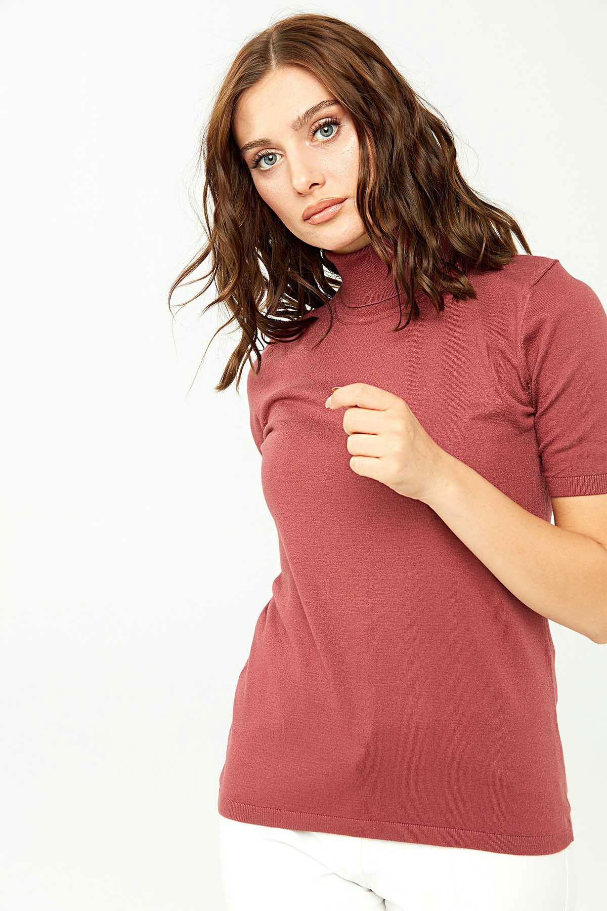 Desen Triko Kadın Likralı Kısa Kollu Tam Balıkçı Bluz 20346 Gül Kurusu - 1