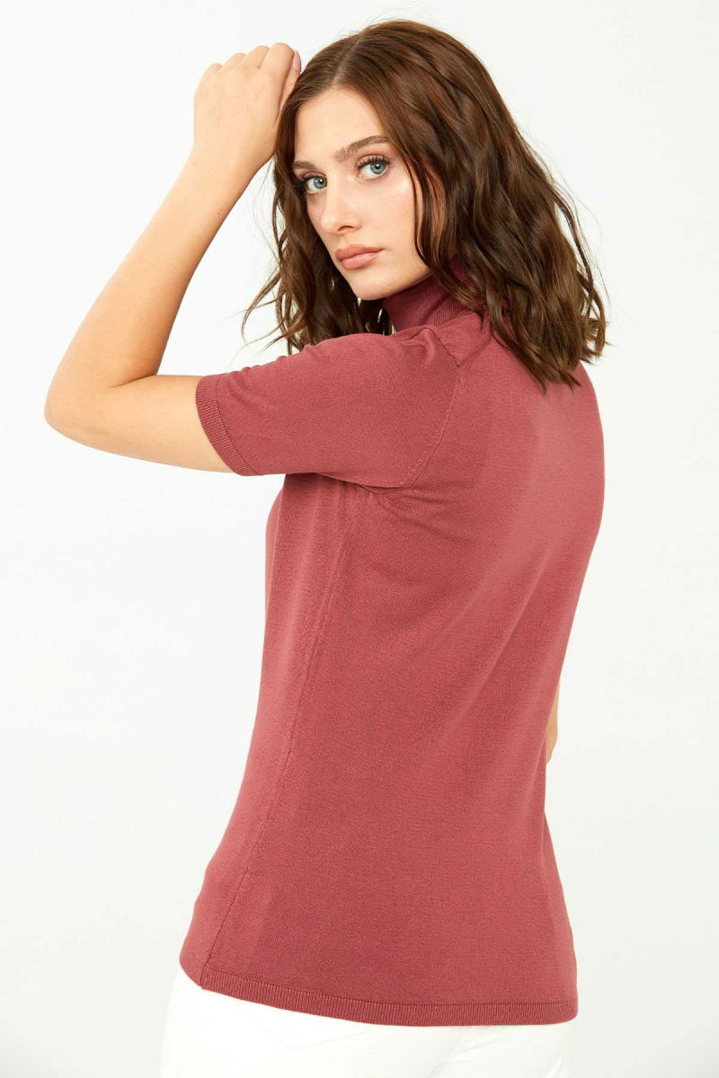 Desen Triko Kadın Likralı Kısa Kollu Tam Balıkçı Bluz 20346 Gül Kurusu - 5