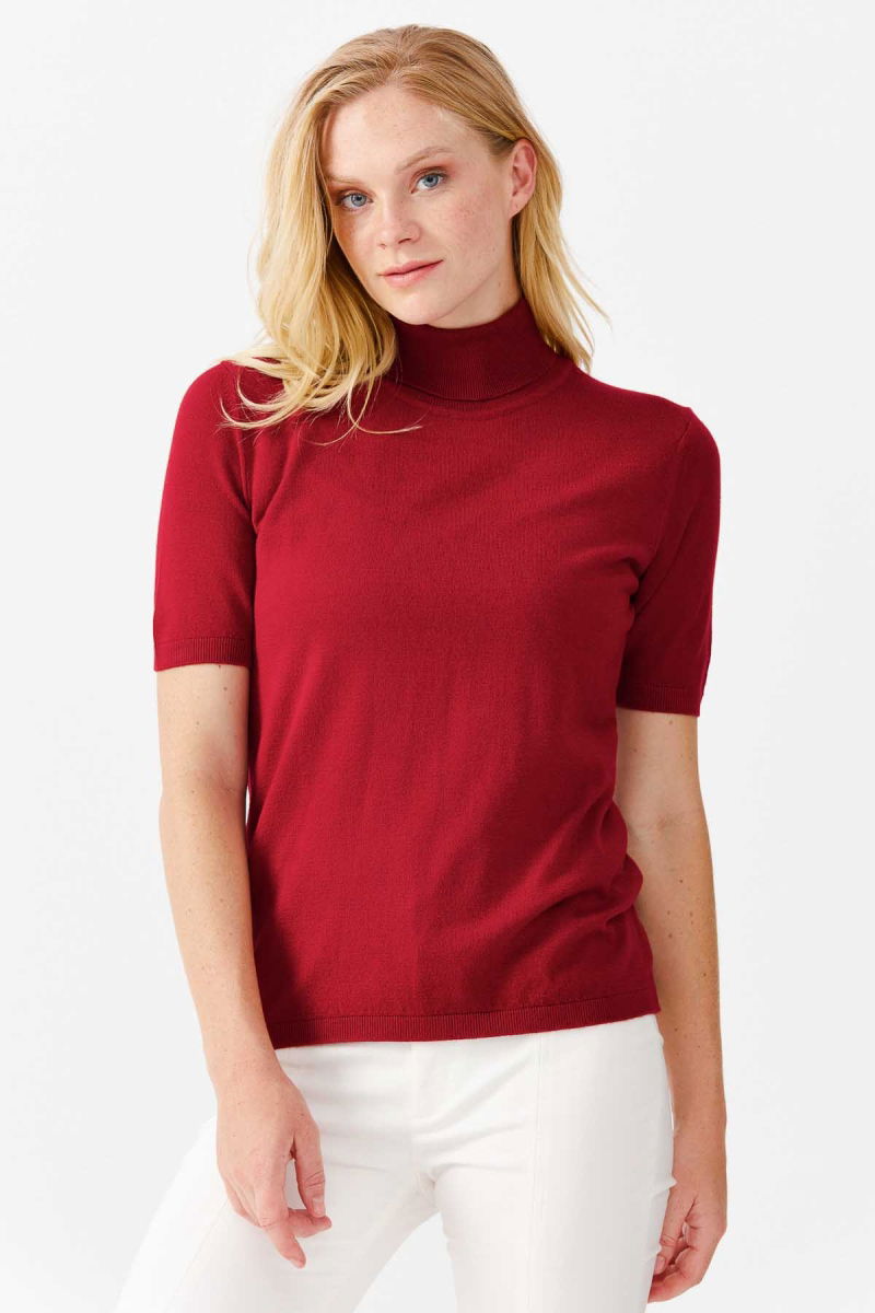 Desen Triko Kadın Likralı Kısa Kollu Tam Balıkçı Bluz 20346 Kırmızı - Desen Triko