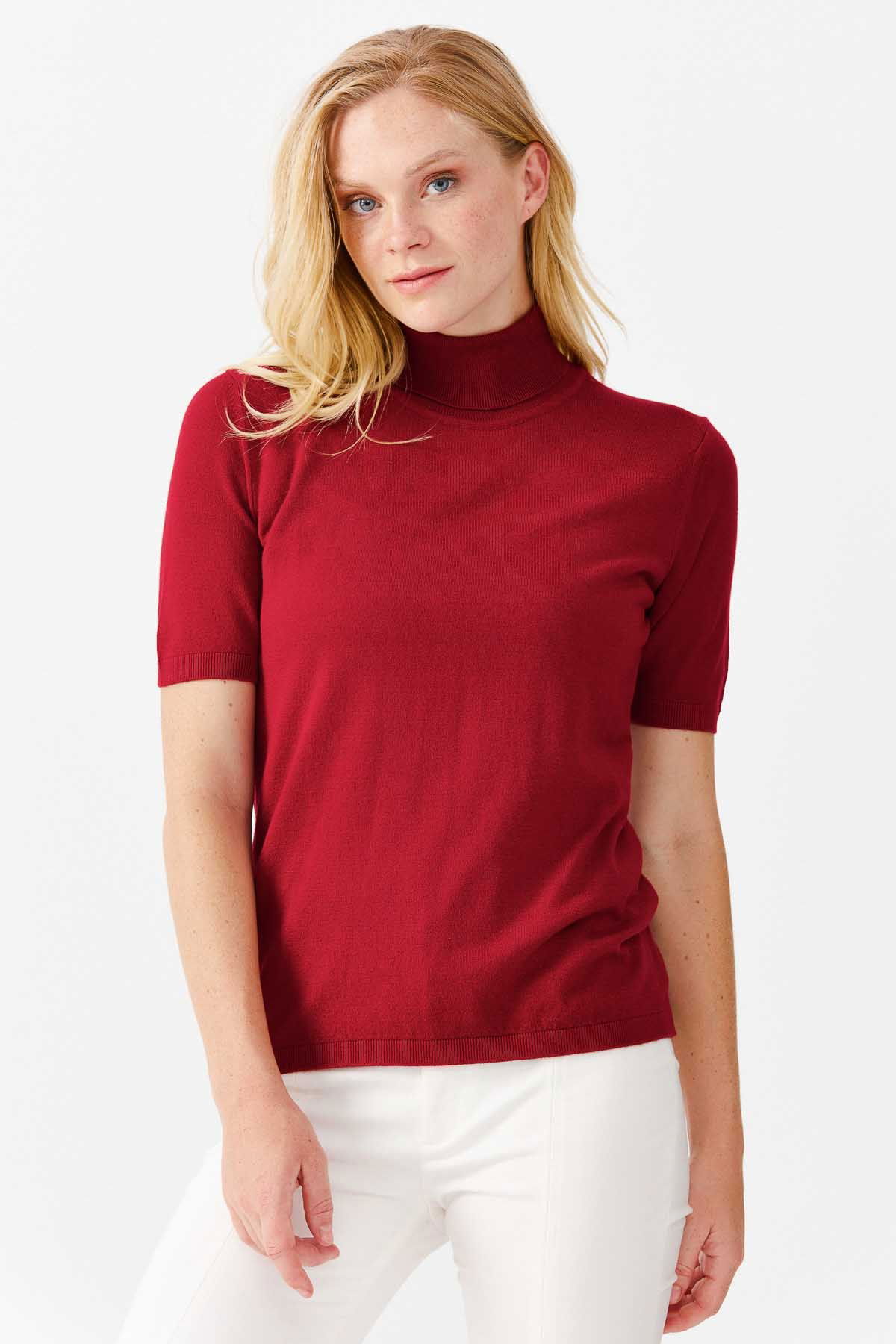 Desen Triko Kadın Likralı Kısa Kollu Tam Balıkçı Bluz 20346 Kırmızı - 1