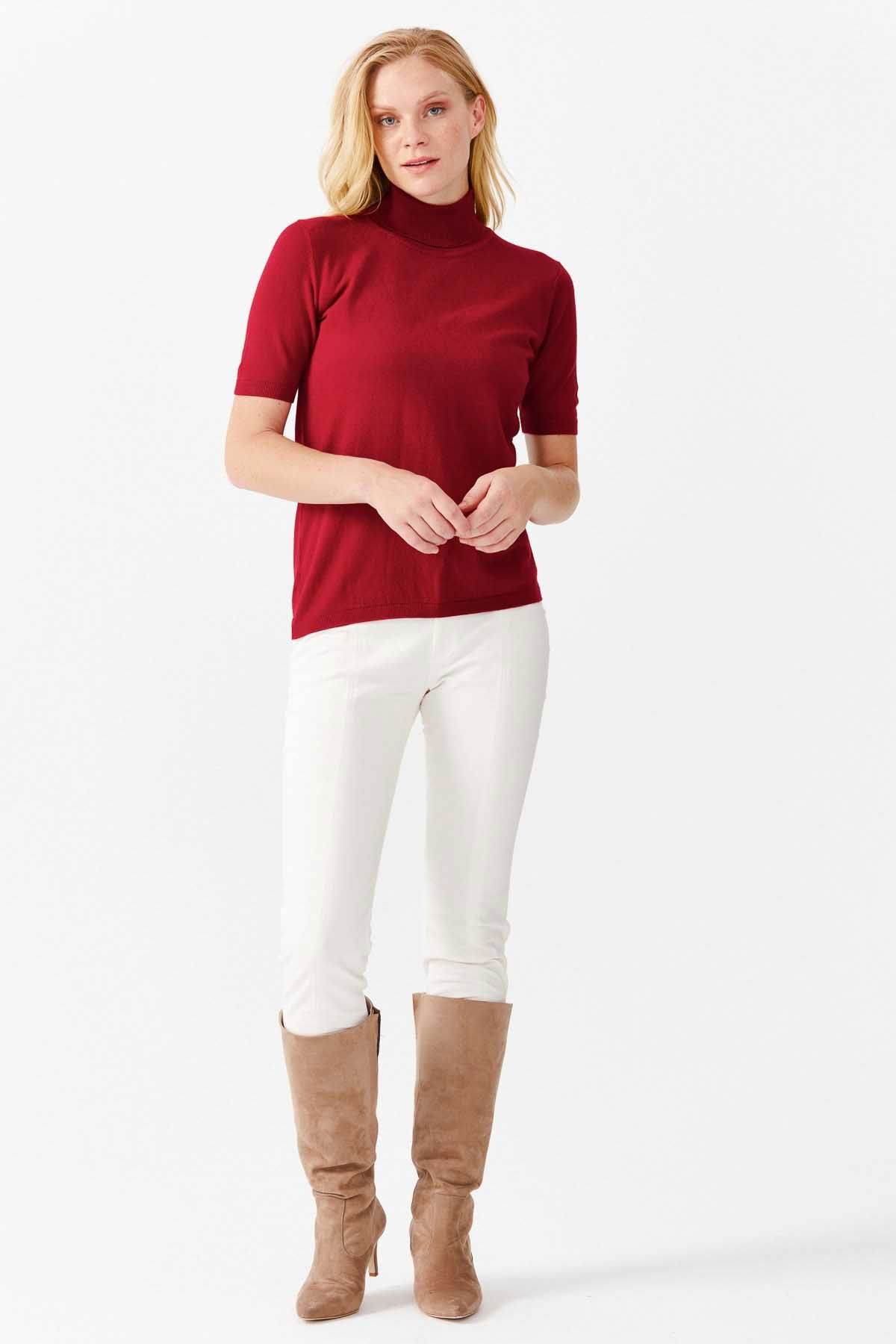 Desen Triko Kadın Likralı Kısa Kollu Tam Balıkçı Bluz 20346 Kırmızı - 2