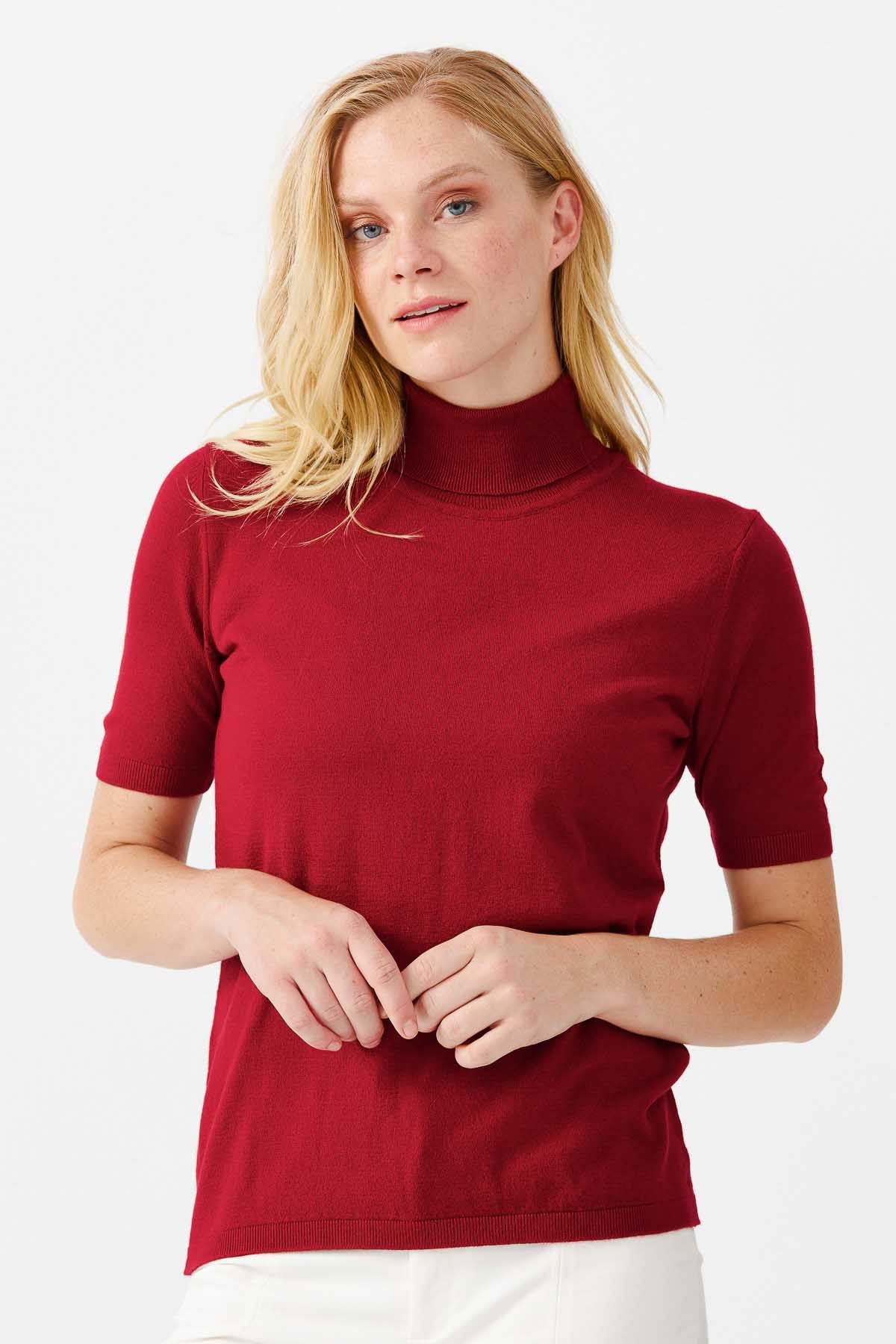 Desen Triko Kadın Likralı Kısa Kollu Tam Balıkçı Bluz 20346 Kırmızı - 4