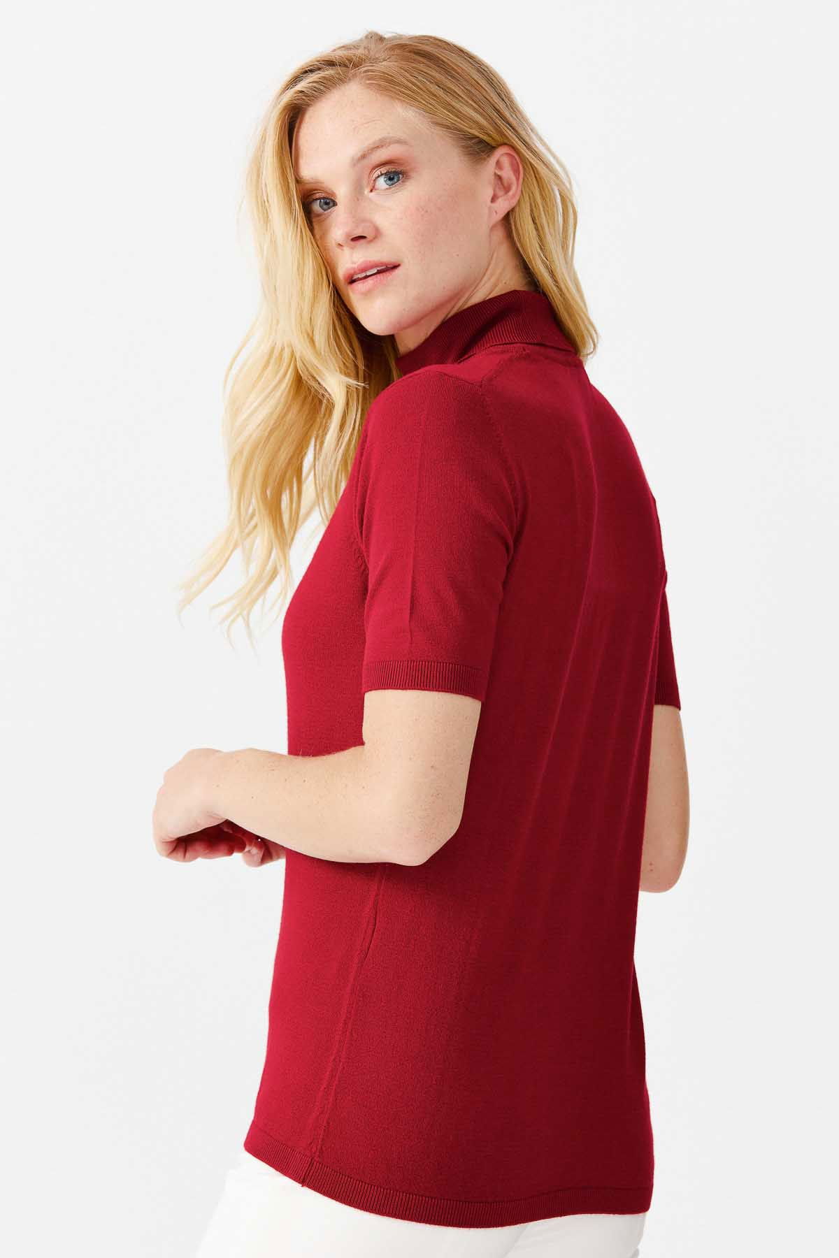 Desen Triko Kadın Likralı Kısa Kollu Tam Balıkçı Bluz 20346 Kırmızı - 5