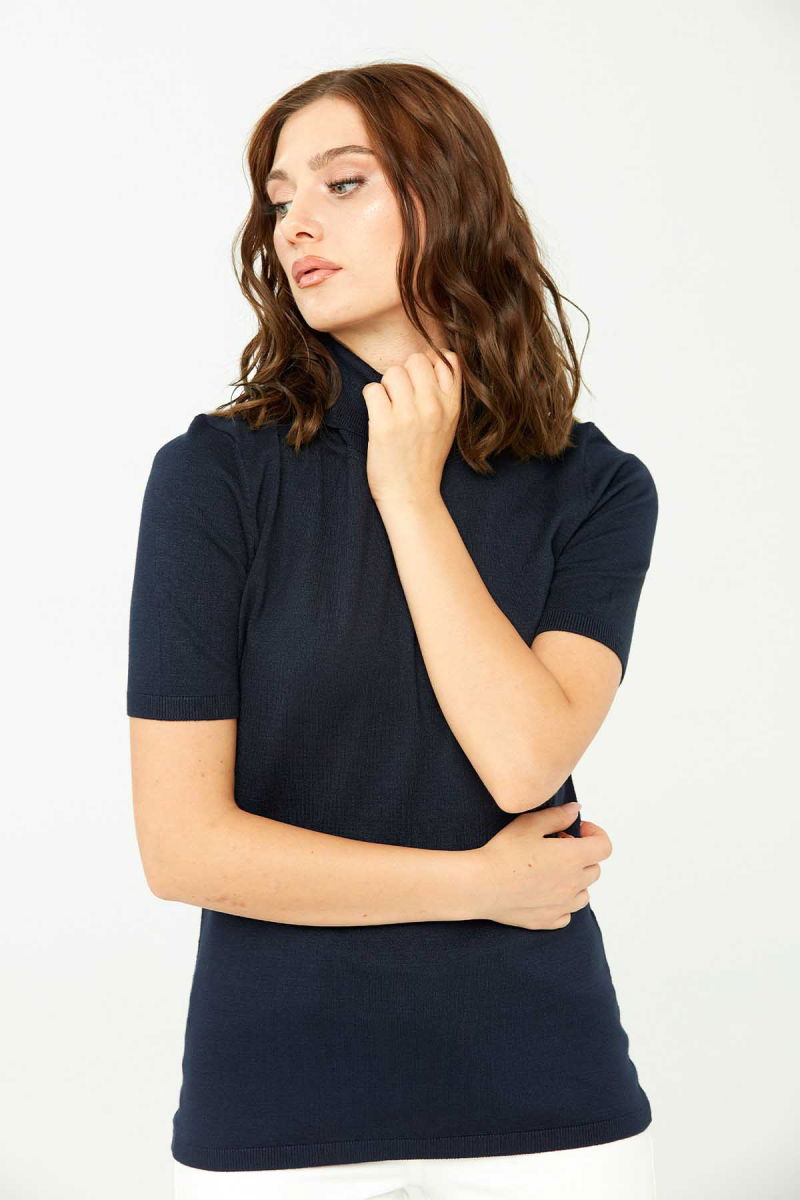 Desen Triko Kadın Likralı Kısa Kollu Tam Balıkçı Bluz 20346 Koyu Lacivert - 3