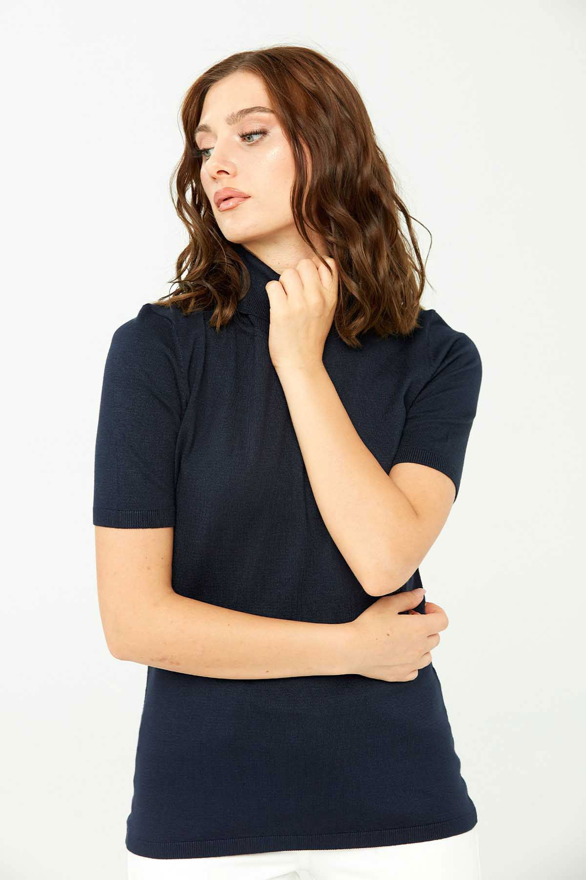 Desen Triko Kadın Likralı Kısa Kollu Tam Balıkçı Bluz 20346 Koyu Lacivert - 3