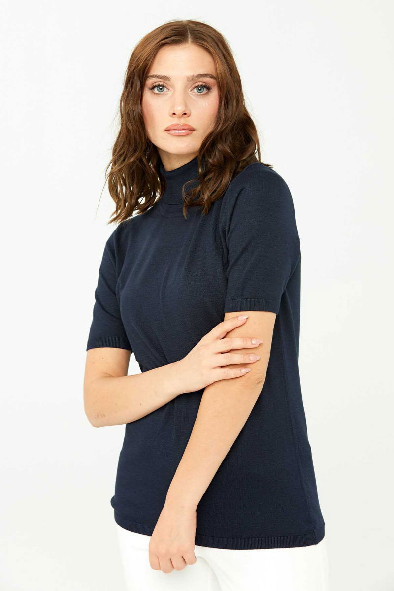 Desen Triko Kadın Likralı Kısa Kollu Tam Balıkçı Bluz 20346 Koyu Lacivert - 4