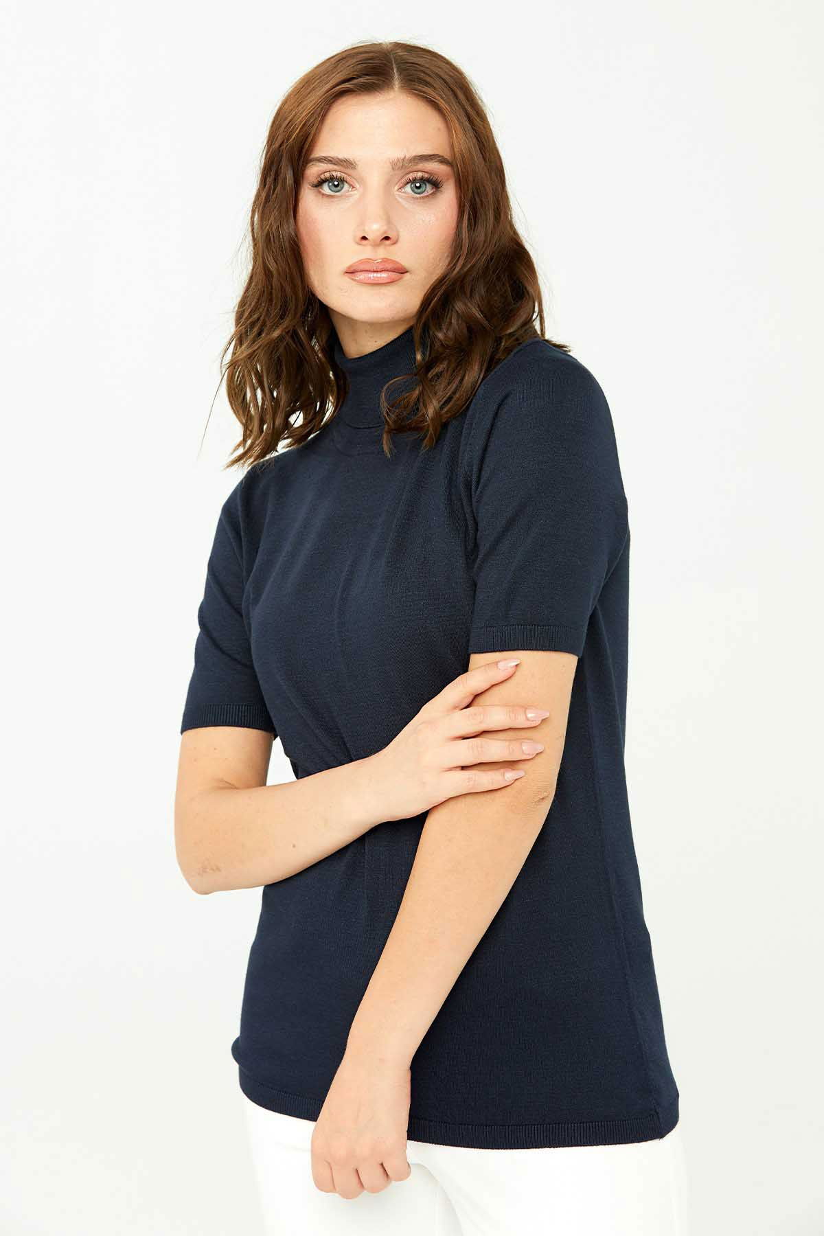 Desen Triko Kadın Likralı Kısa Kollu Tam Balıkçı Bluz 20346 Koyu Lacivert - 4