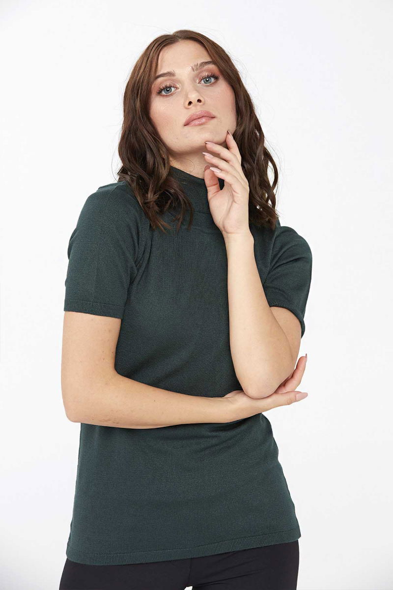 Desen Triko Kadın Likralı Kısa Kollu Tam Balıkçı Bluz 20346 Nefti - Desen Triko