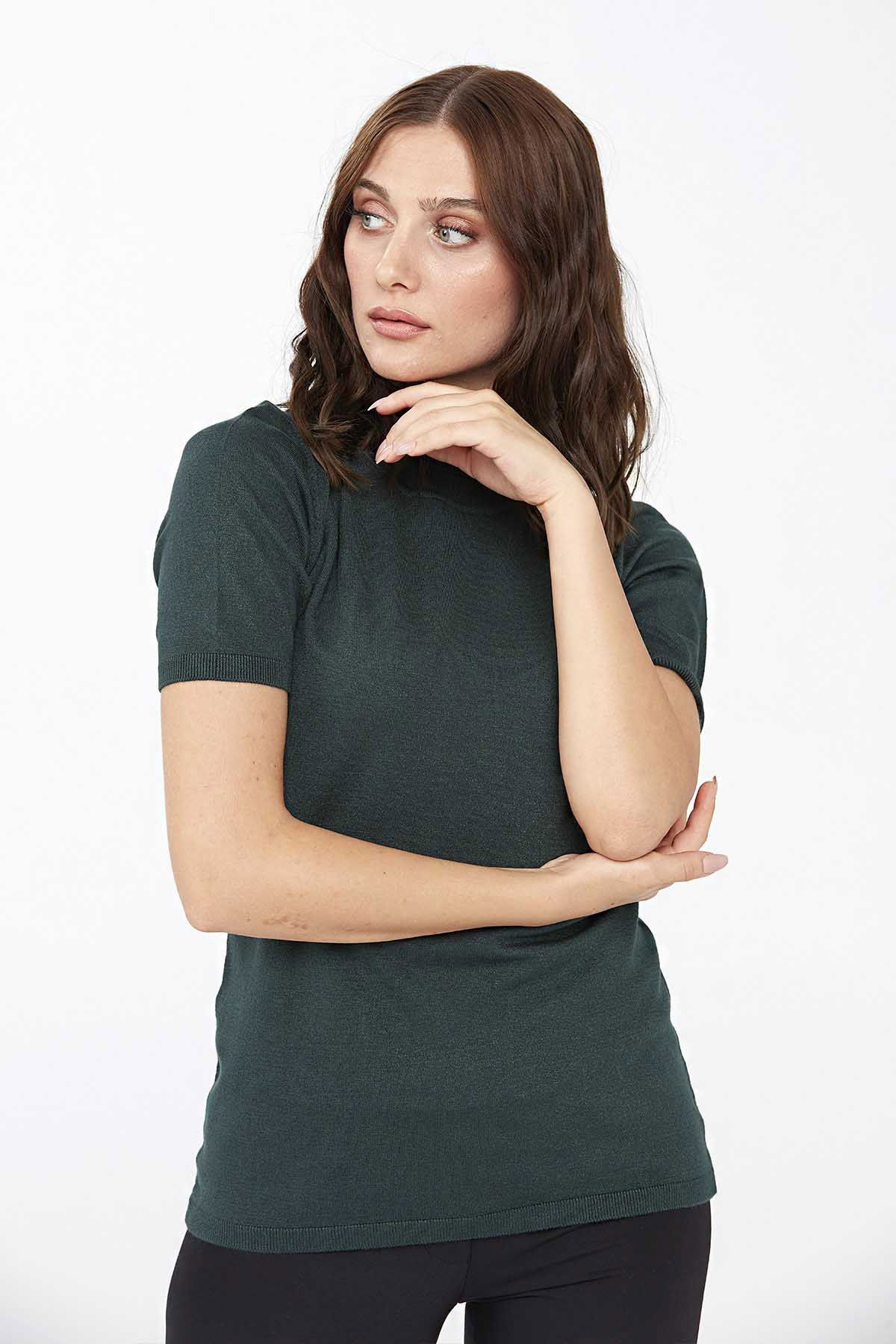 Desen Triko Kadın Likralı Kısa Kollu Tam Balıkçı Bluz 20346 Nefti - 3