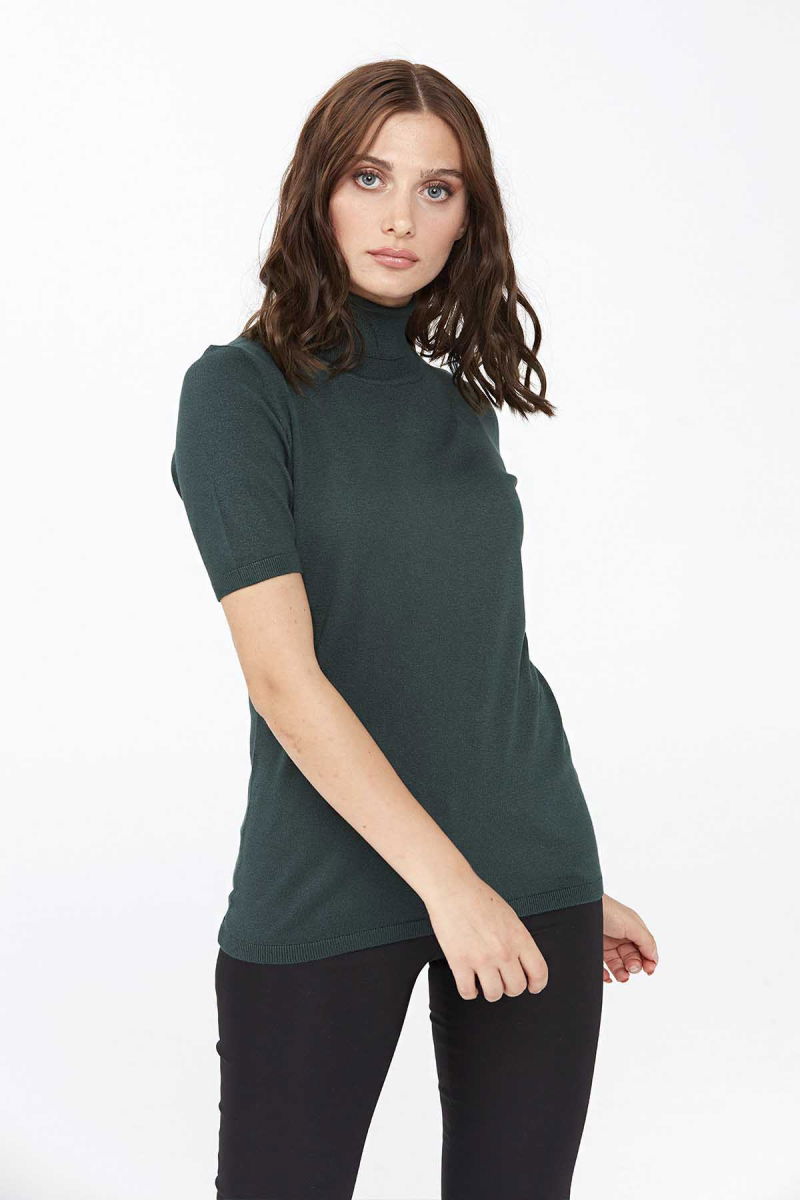 Desen Triko Kadın Likralı Kısa Kollu Tam Balıkçı Bluz 20346 Nefti - 4