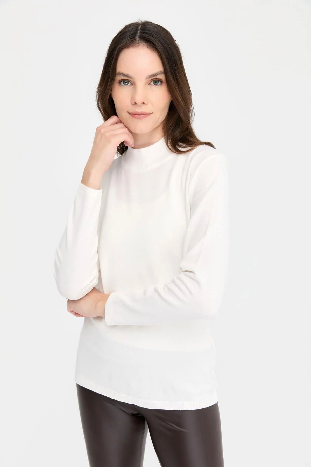 Desen Triko Kadın Likralı Uzun Kol Basic Yarım Balıkçı Bluz 0240016 Ekru - 1