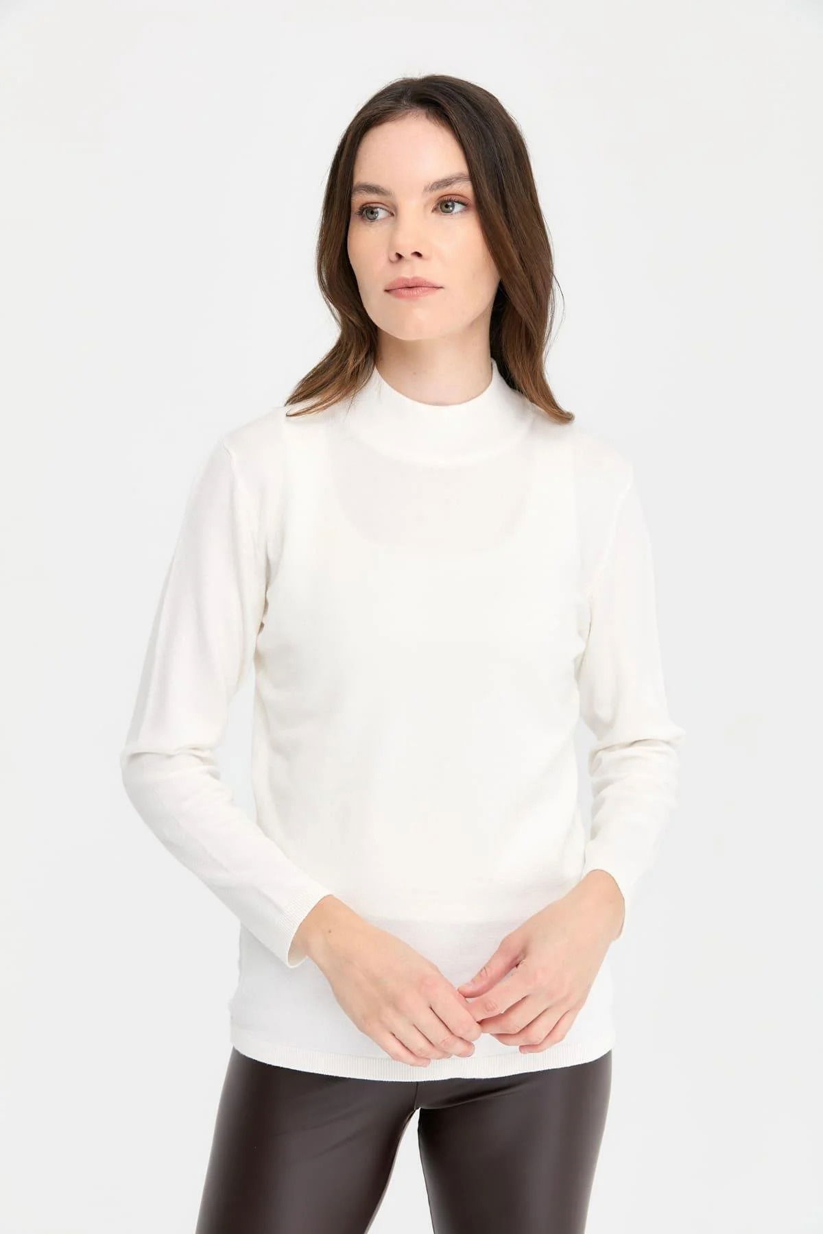 Desen Triko Kadın Likralı Uzun Kol Basic Yarım Balıkçı Bluz 0240016 Ekru - 2