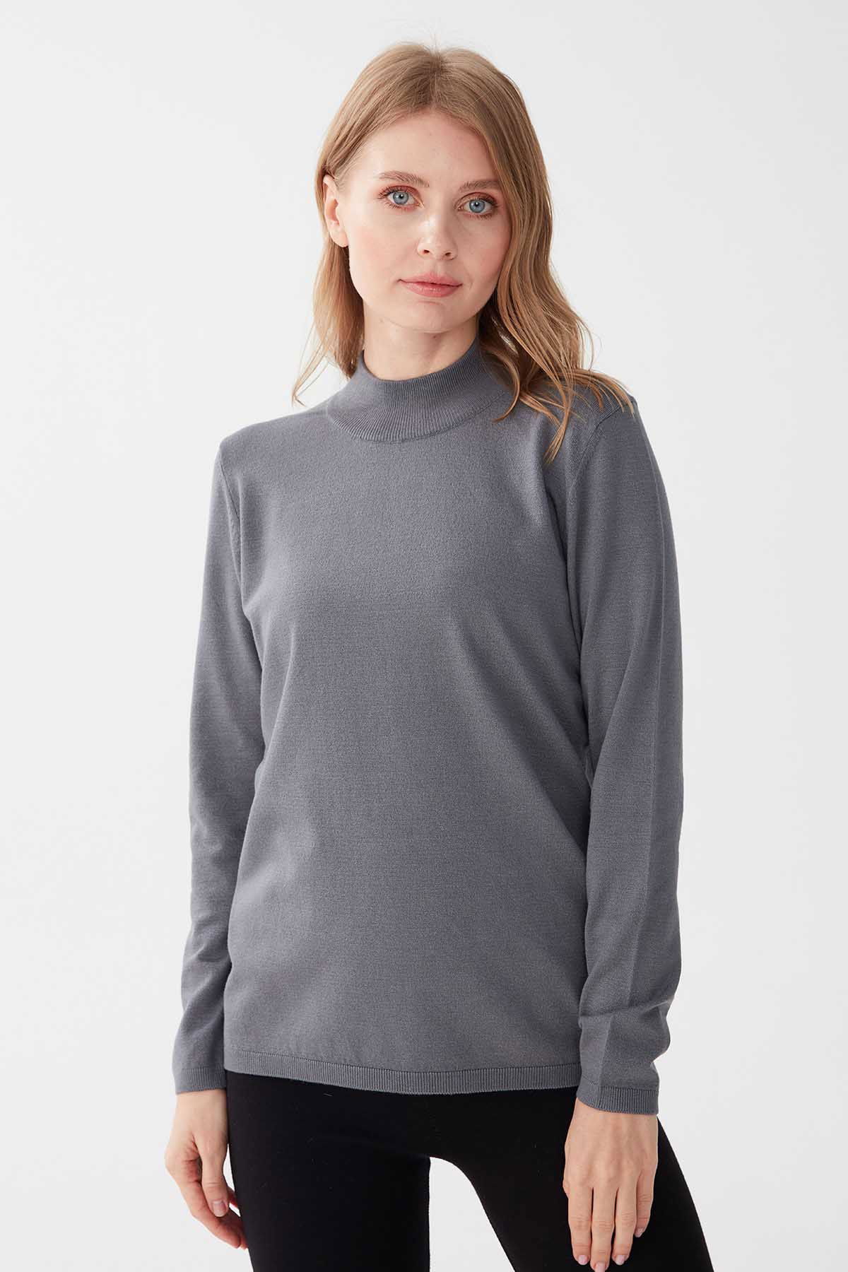 Desen Triko Kadın Likralı Uzun Kol Basic Yarım Balıkçı Bluz 0240016 Gri - 1