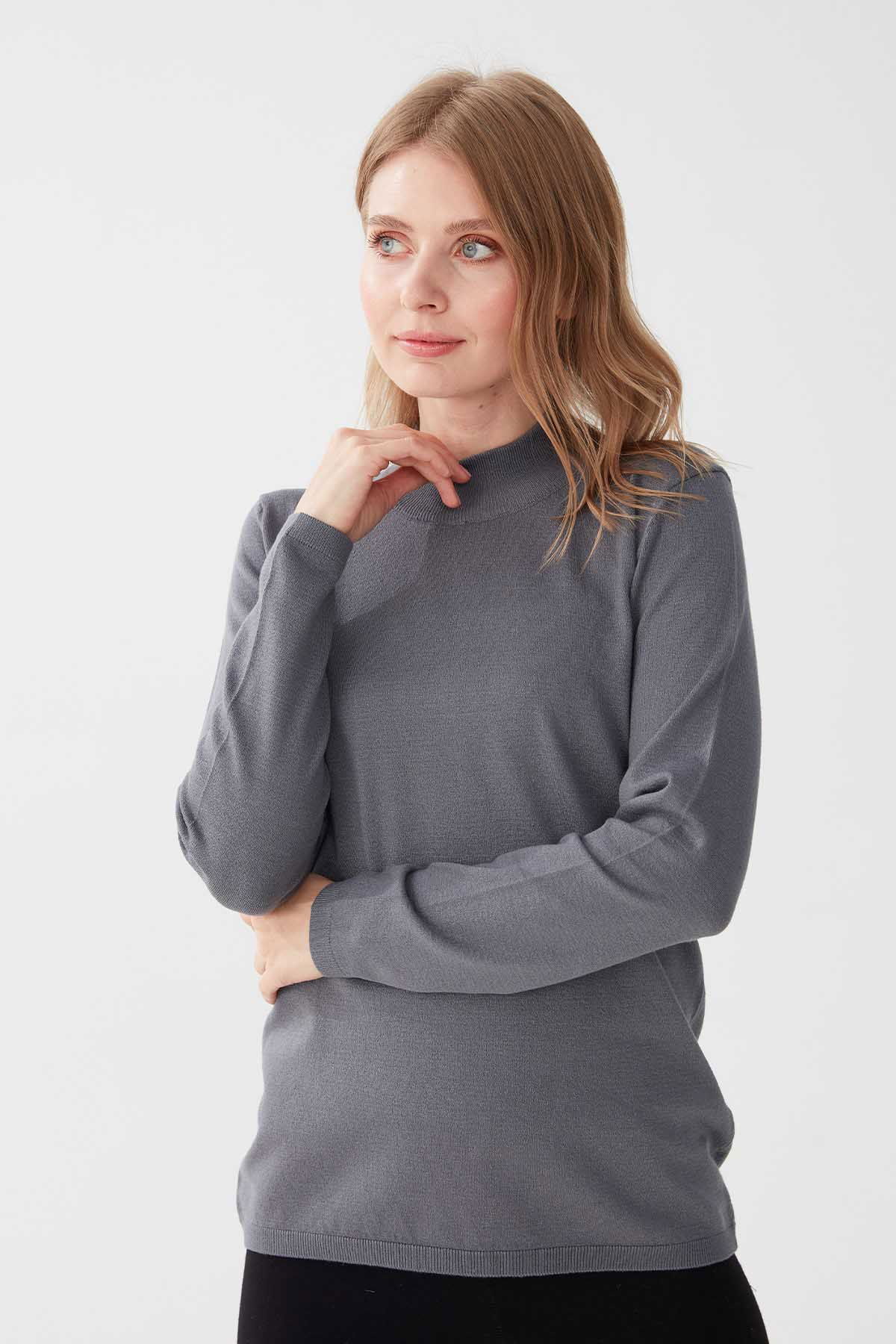 Desen Triko Kadın Likralı Uzun Kol Basic Yarım Balıkçı Bluz 0240016 Gri - 2