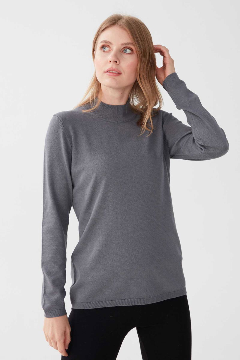 Desen Triko Kadın Likralı Uzun Kol Basic Yarım Balıkçı Bluz 0240016 Gri - 3