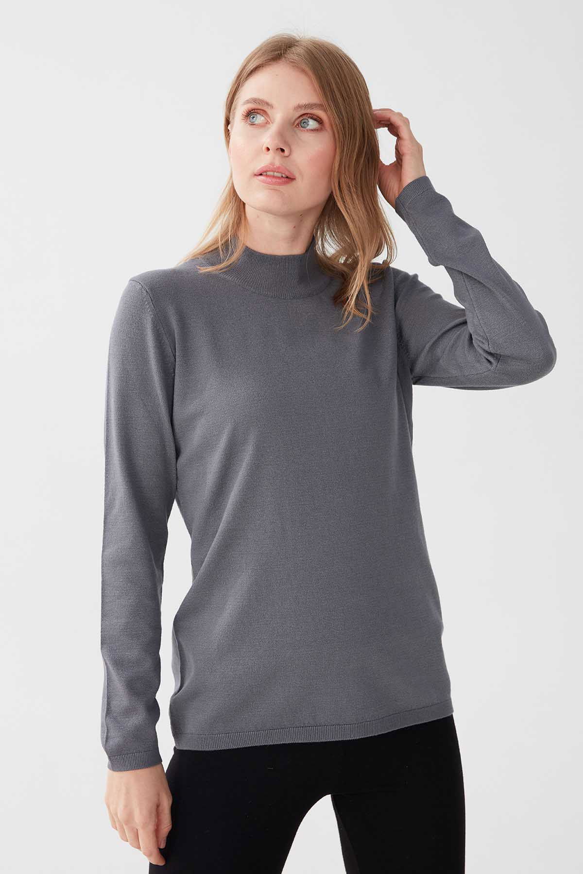 Desen Triko Kadın Likralı Uzun Kol Basic Yarım Balıkçı Bluz 0240016 Gri - 3